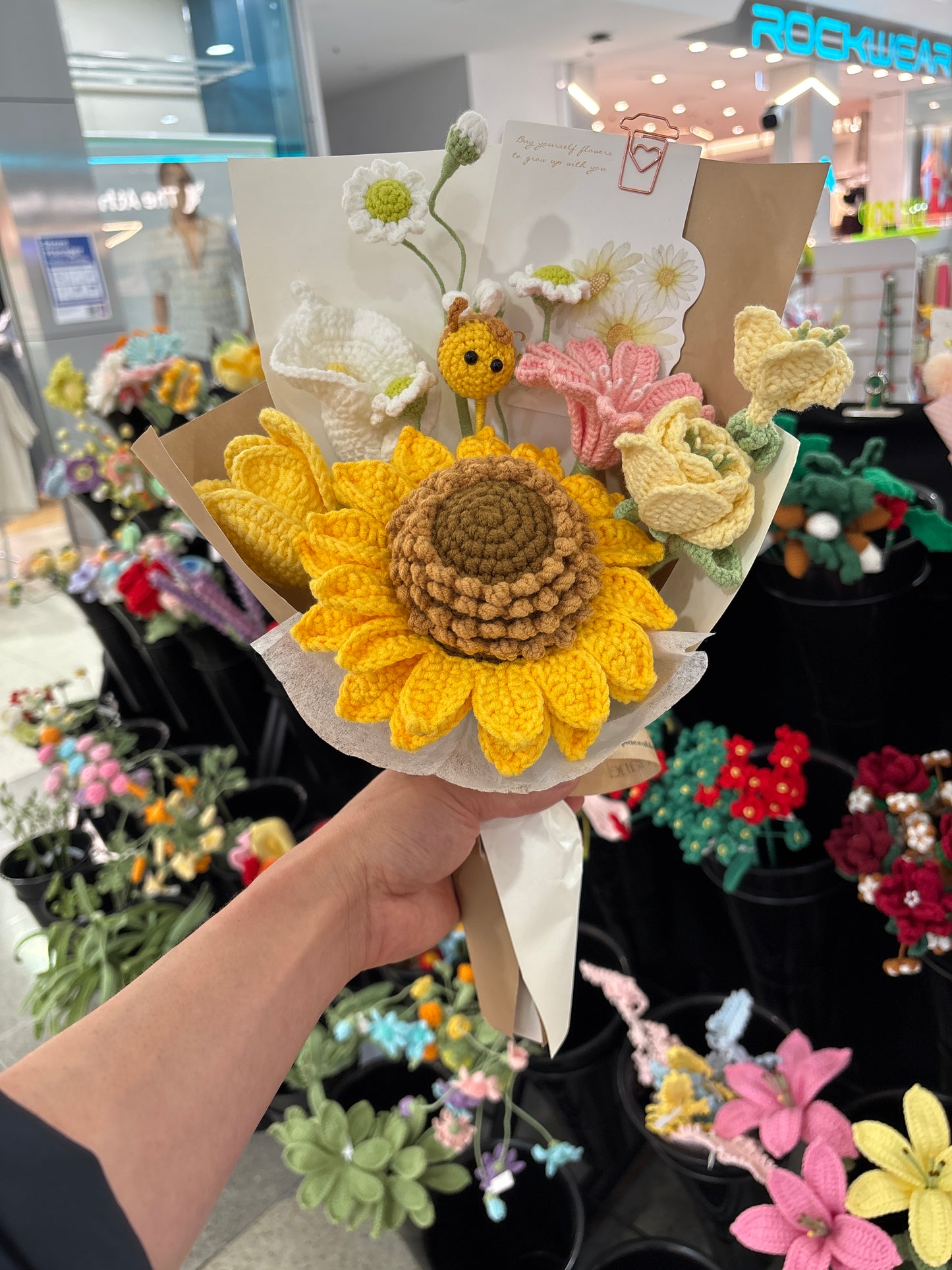 Handmade crochet sunflower bouquet with bee