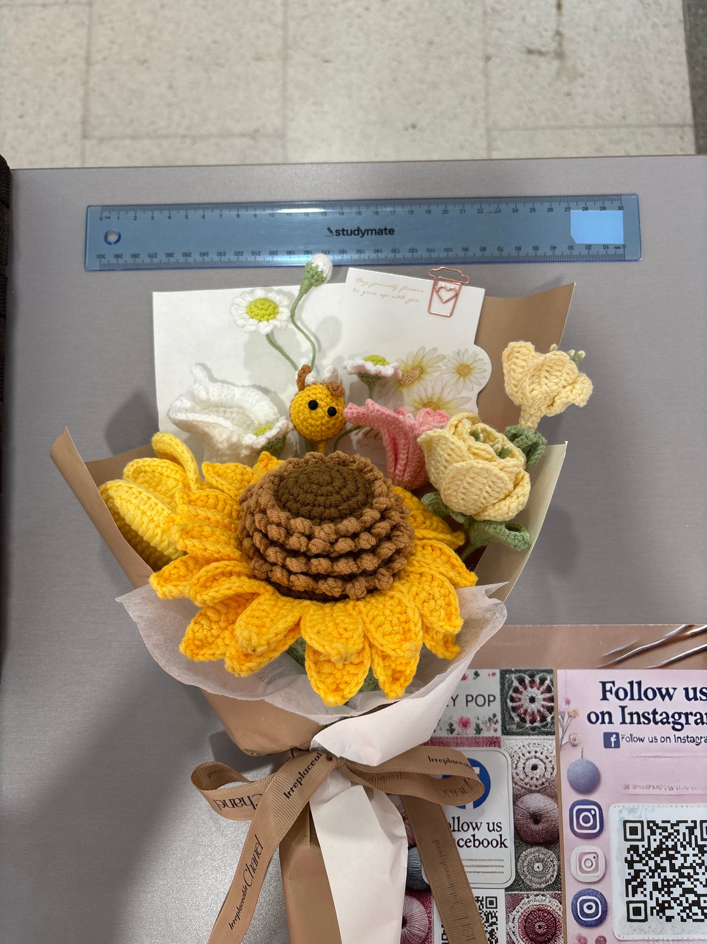 Handmade crochet sunflower bouquet with bee