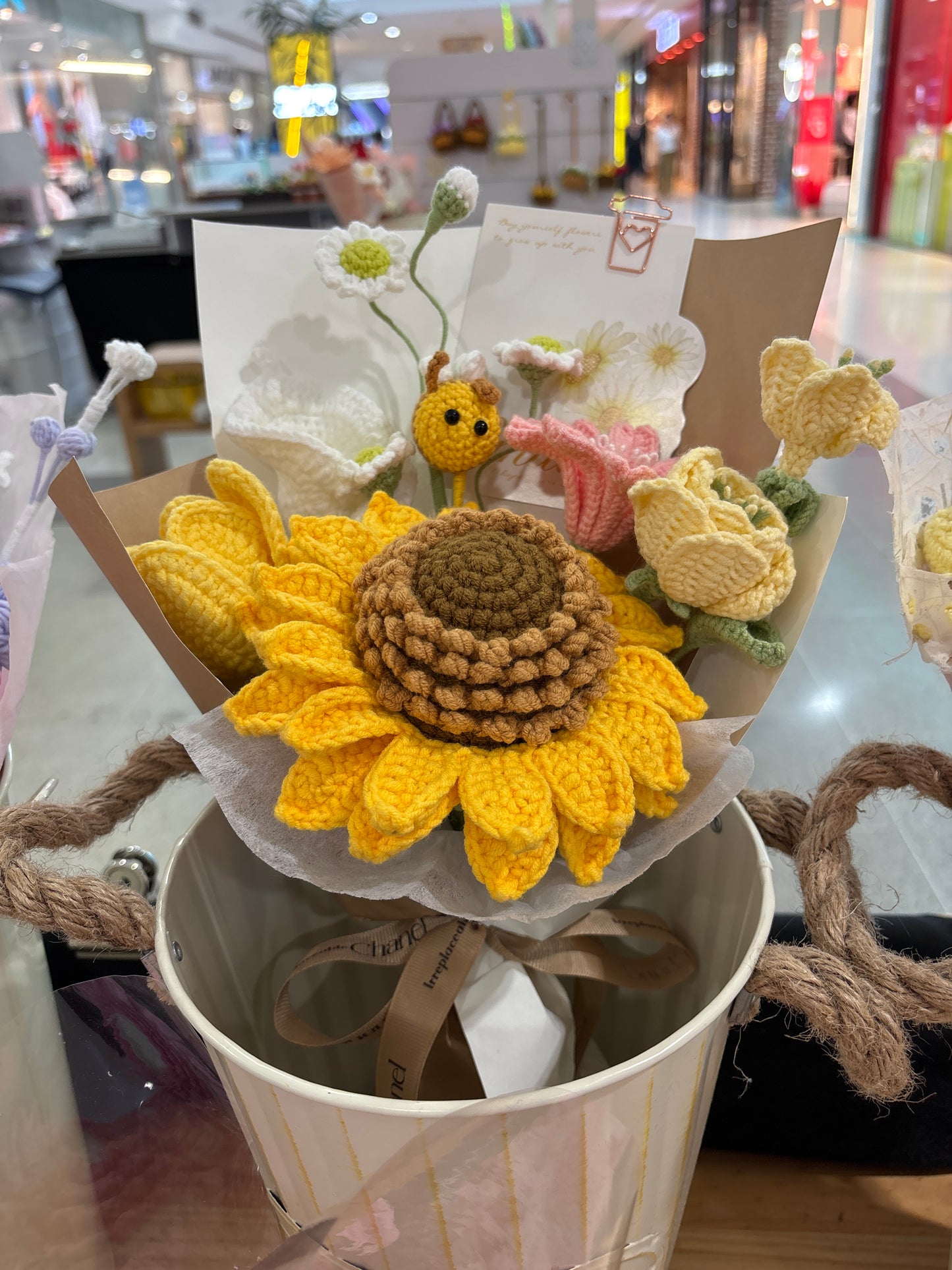Handmade crochet sunflower bouquet with bee