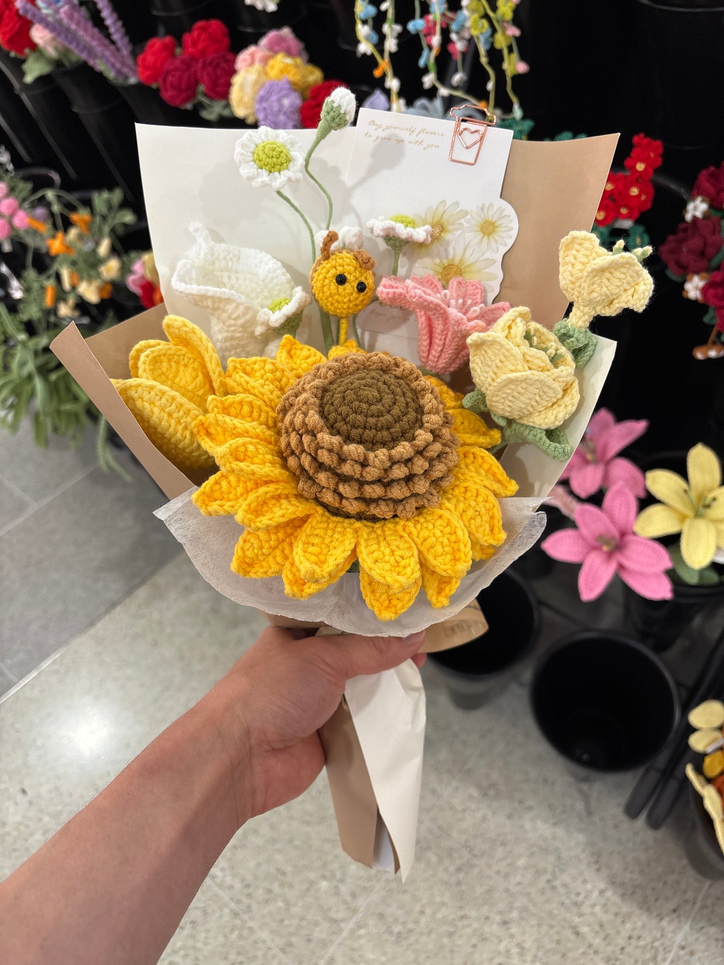 Handmade crochet sunflower bouquet with bee