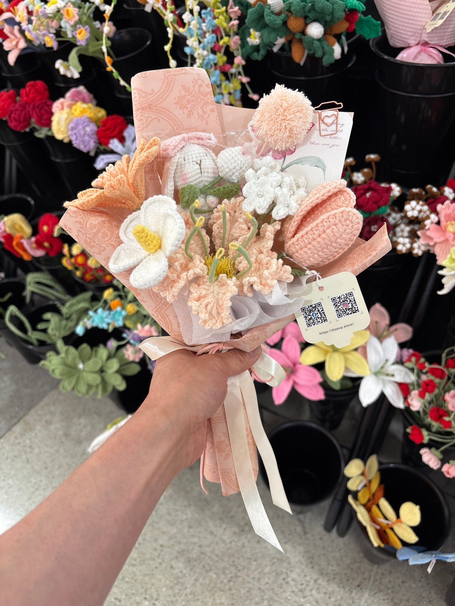 handmade crochet flower bouquet with bunny