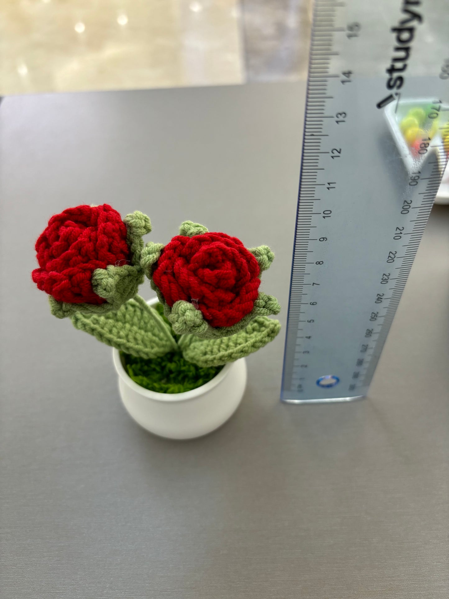 Hand-Crocheted Double Red Rose in White Pot