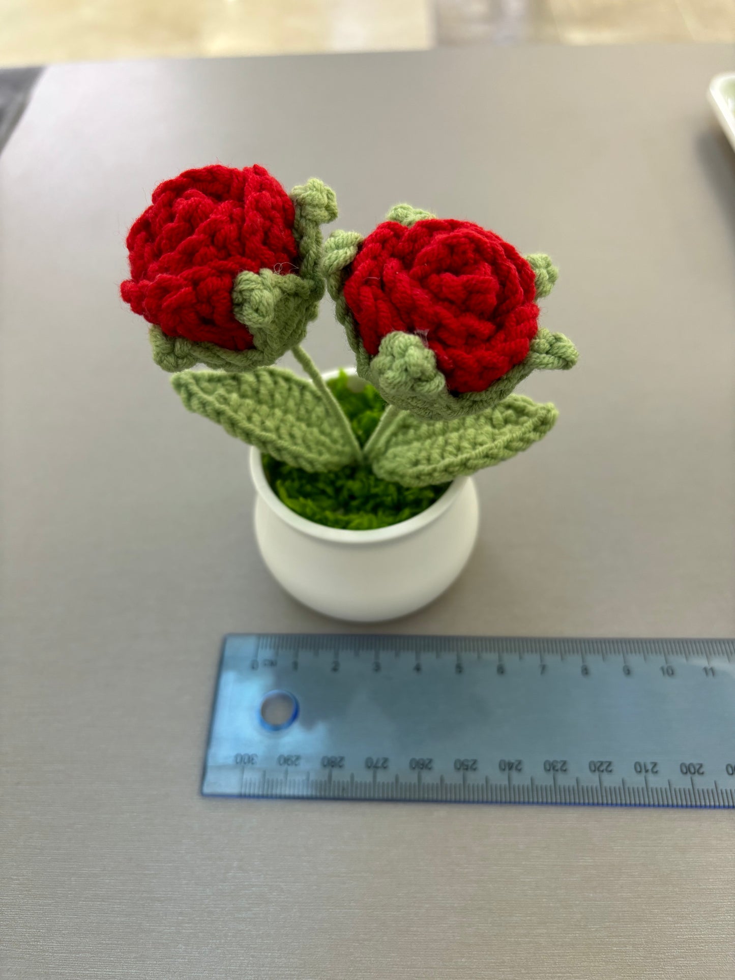 Hand-Crocheted Double Red Rose in White Pot