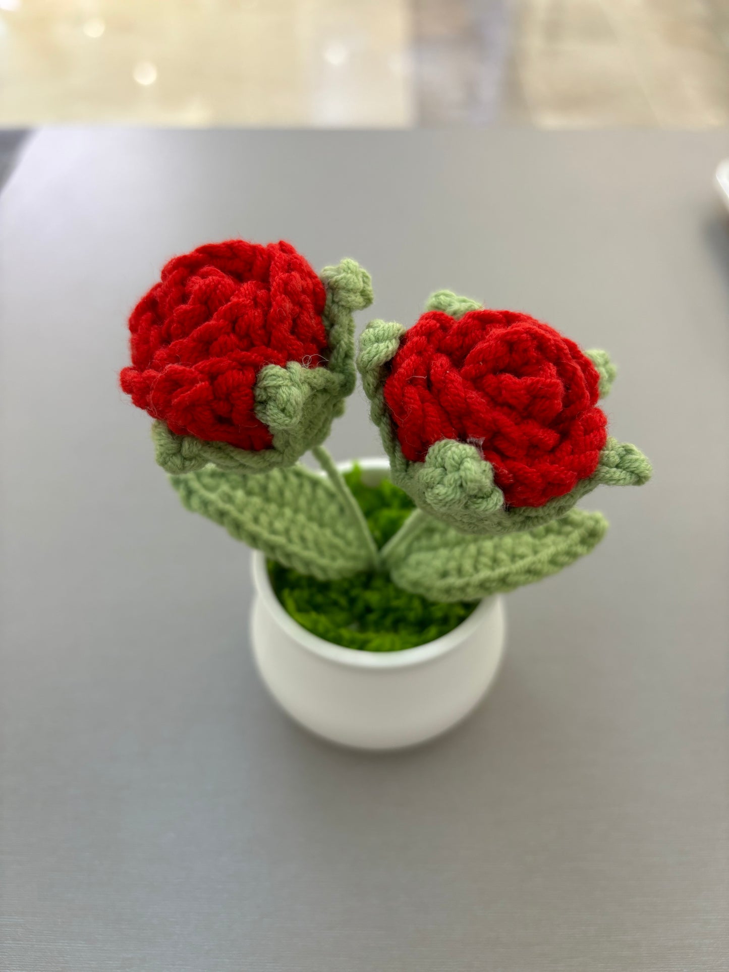 Hand-Crocheted Double Red Rose in White Pot