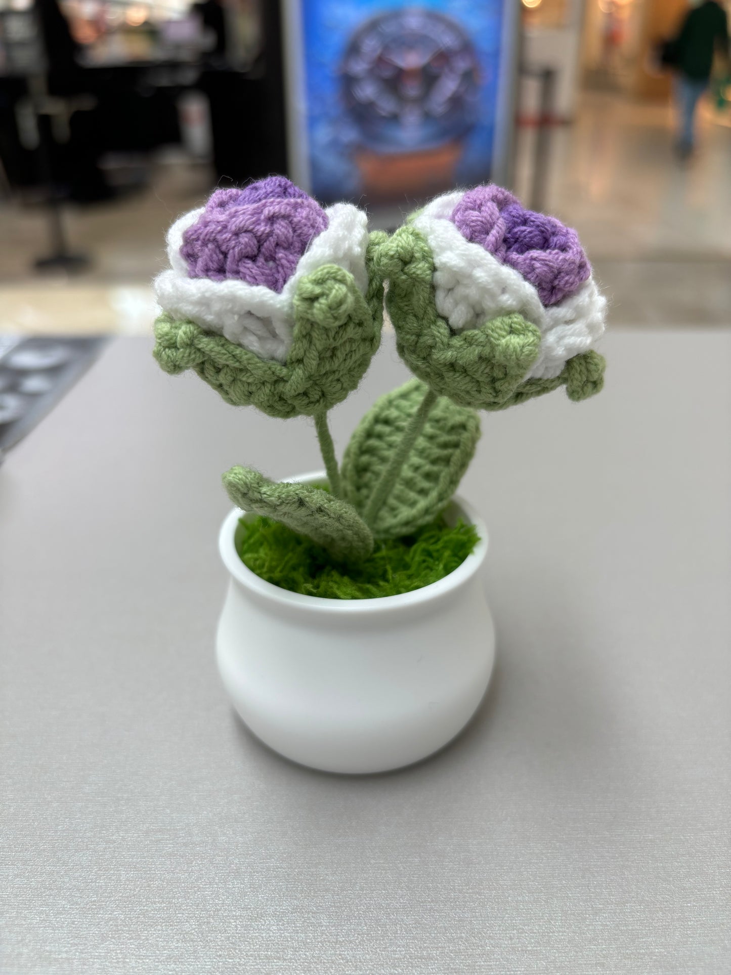 Hand-Crocheted Double Purple and White Rose in White Pot