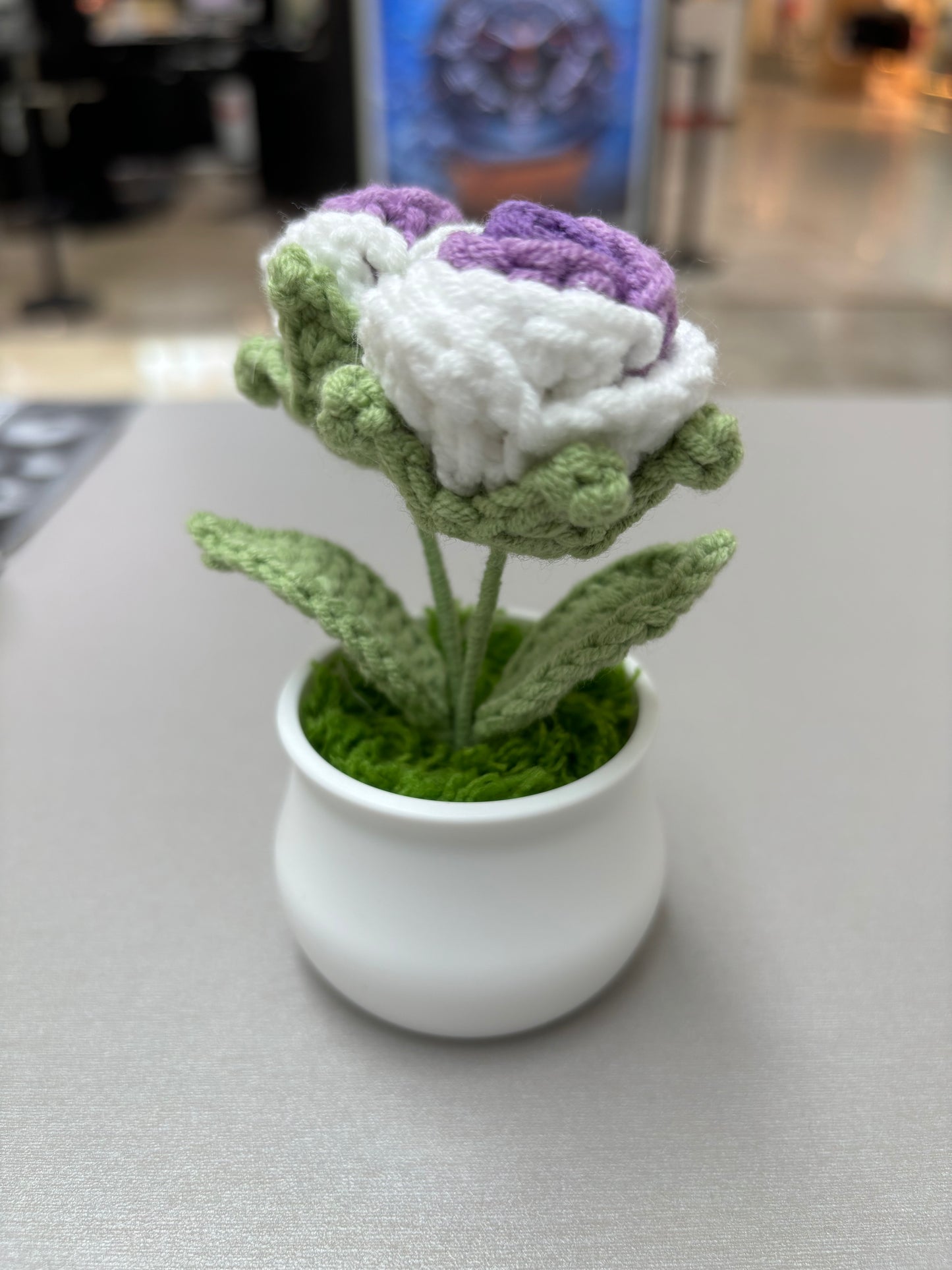 Hand-Crocheted Double Purple and White Rose in White Pot