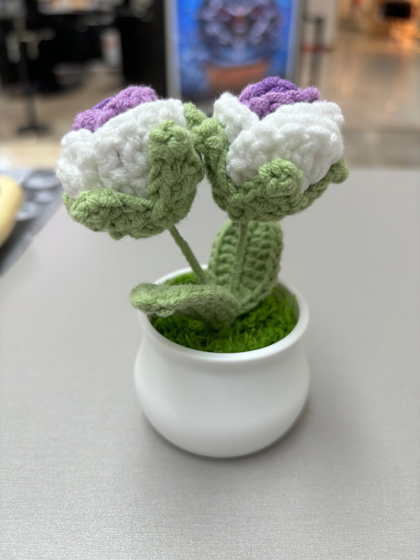 Hand-Crocheted Double Purple and White Rose in White Pot