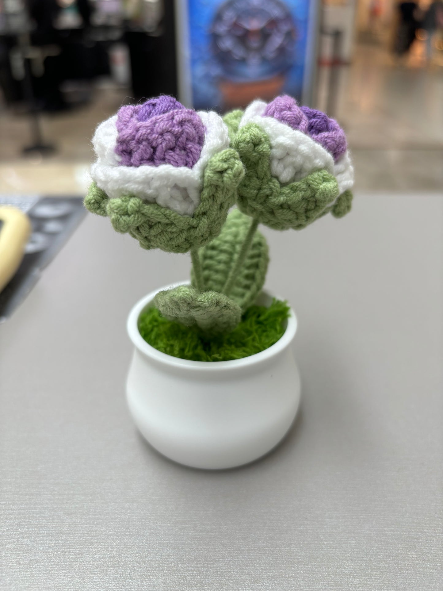 Hand-Crocheted Double Purple and White Rose in White Pot