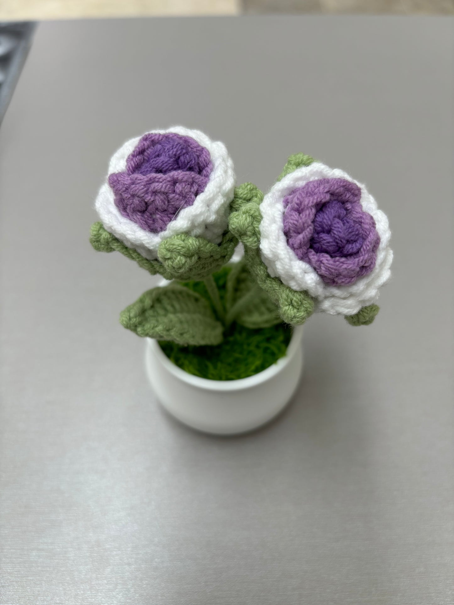 Hand-Crocheted Double Purple and White Rose in White Pot