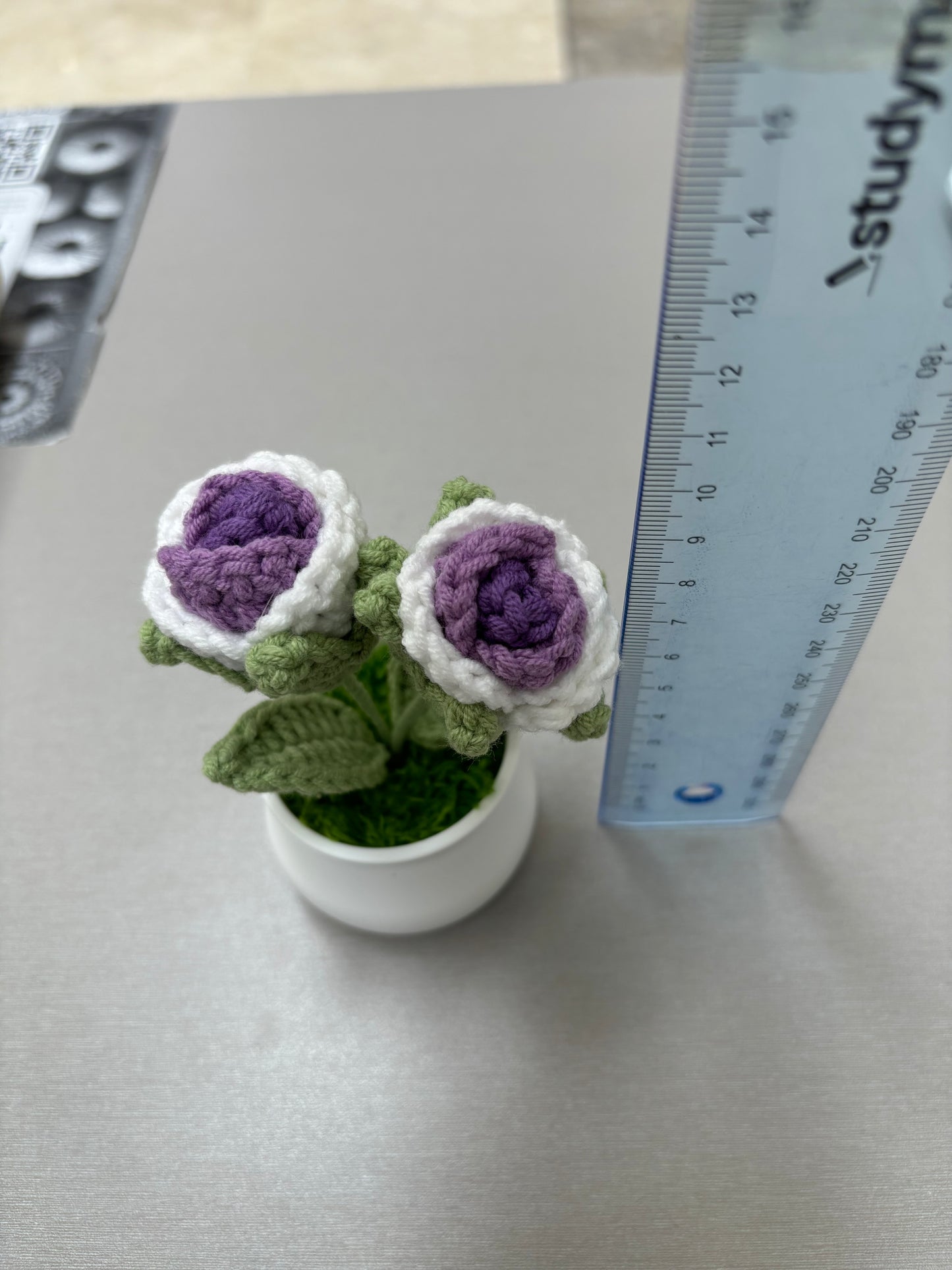 Hand-Crocheted Double Purple and White Rose in White Pot