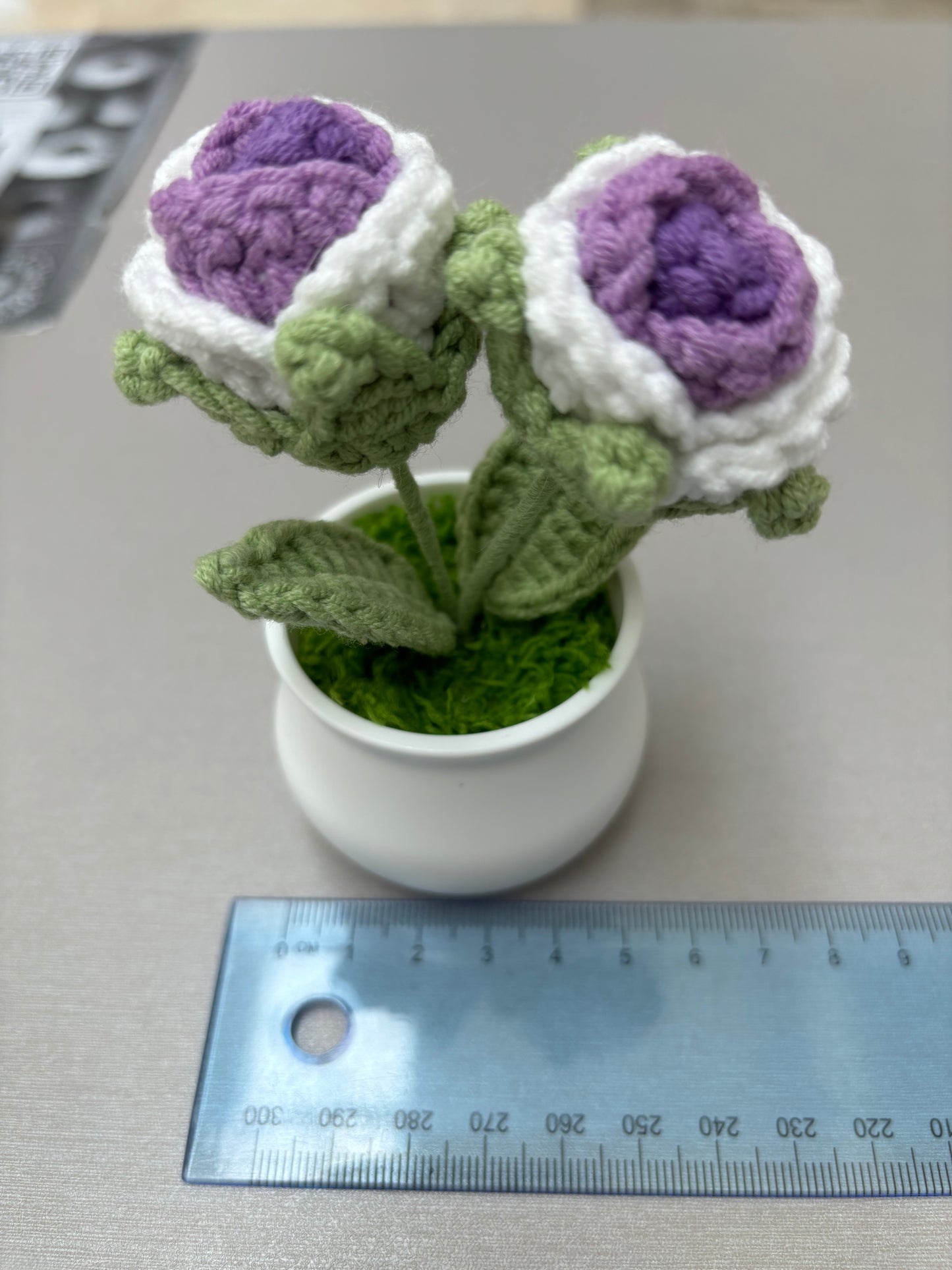 Hand-Crocheted Double Purple and White Rose in White Pot