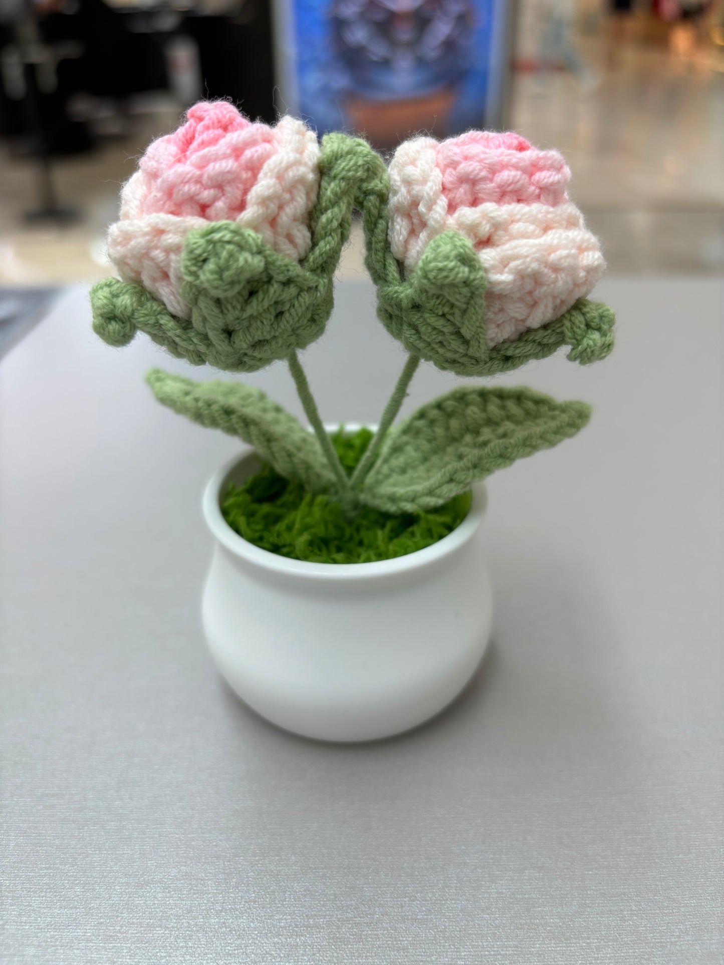 Decorative Crocheted Pink Roses - Handcrafted Faux Plant in White Pot