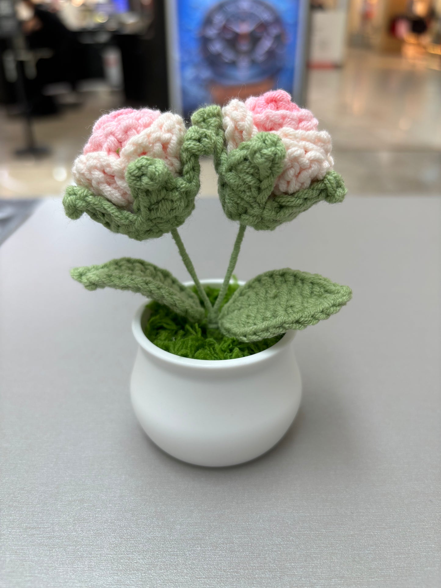 Decorative Crocheted Pink Roses - Handcrafted Faux Plant in White Pot