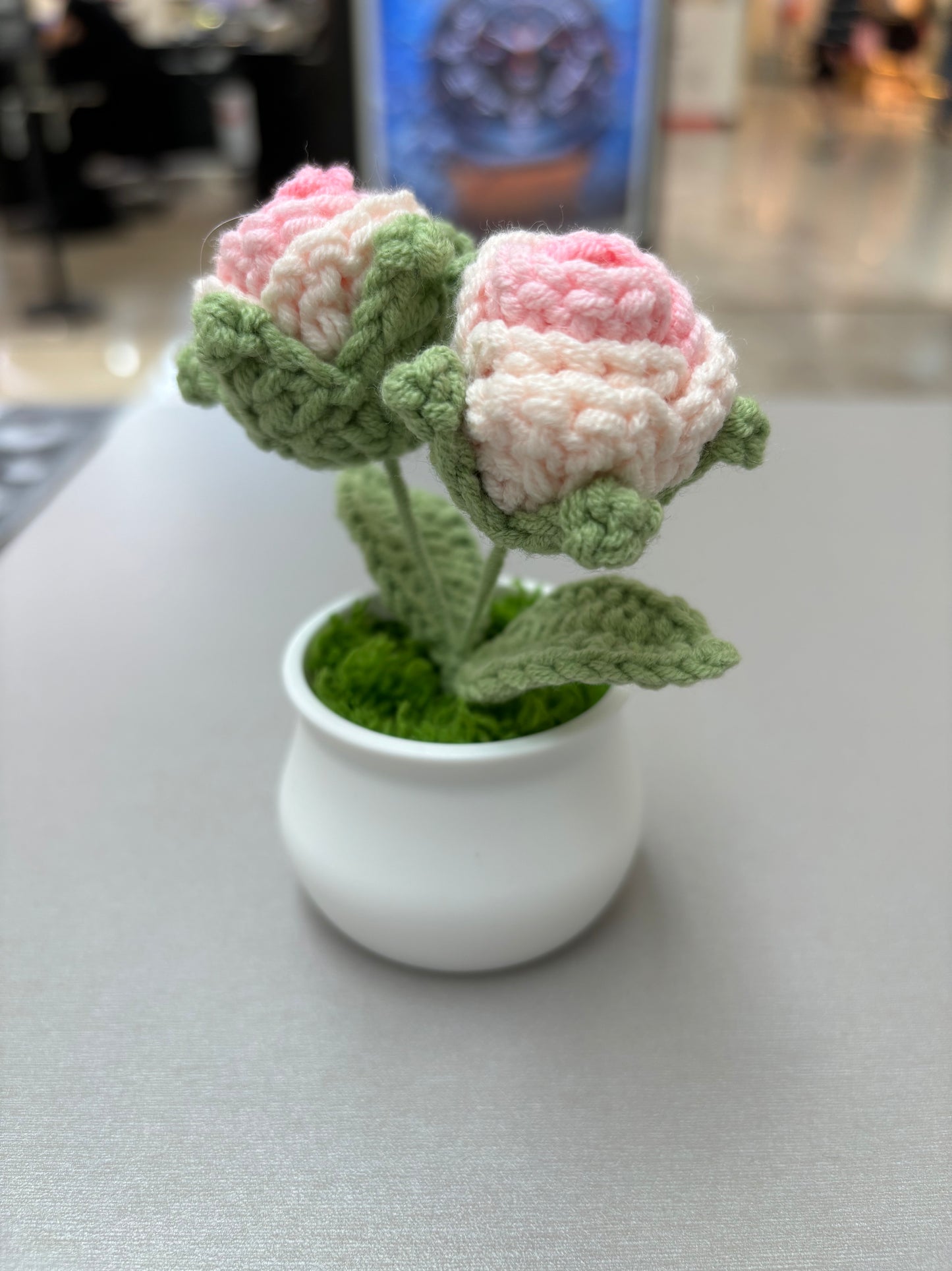 Decorative Crocheted Pink Roses - Handcrafted Faux Plant in White Pot