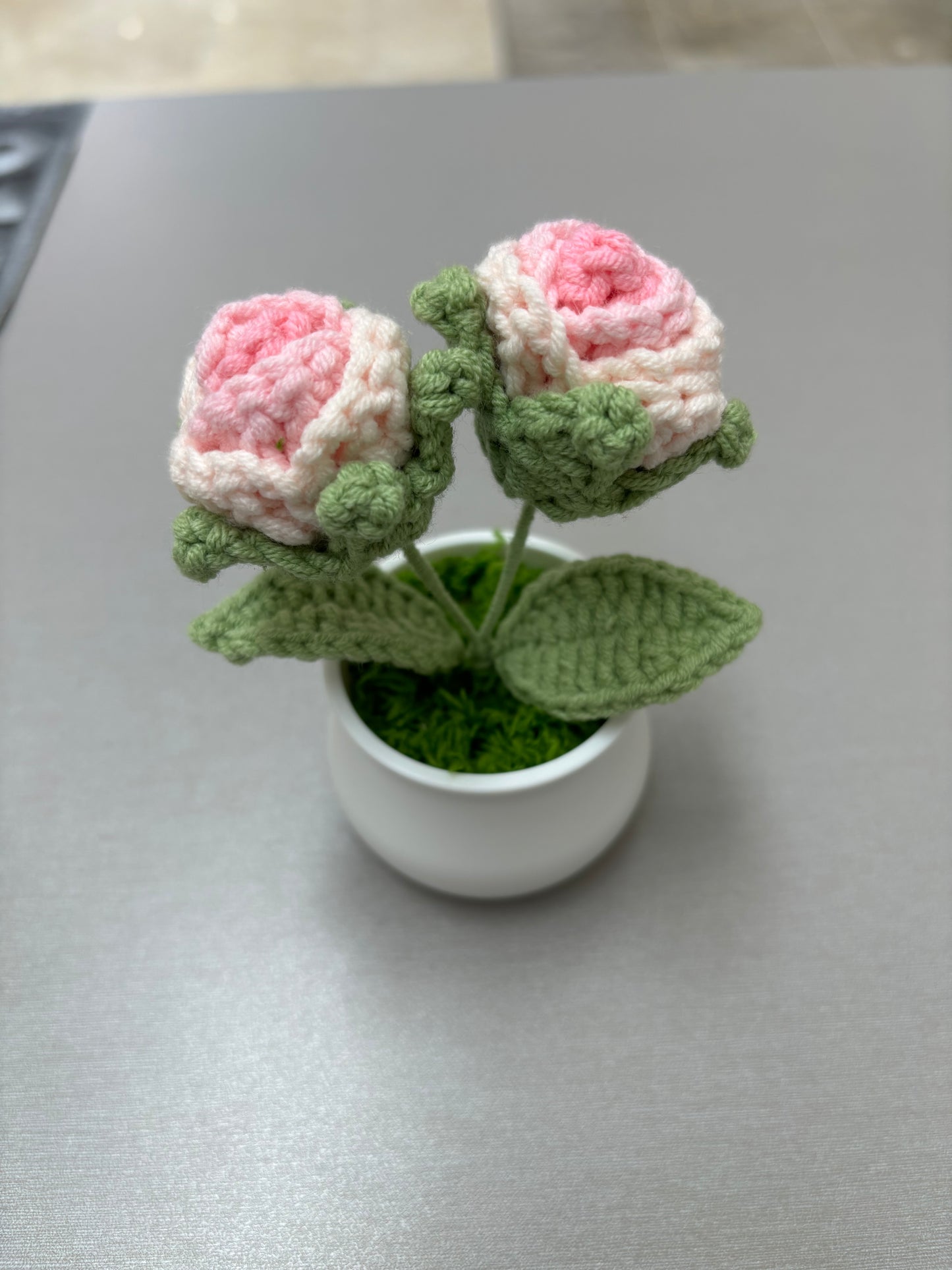 Decorative Crocheted Pink Roses - Handcrafted Faux Plant in White Pot