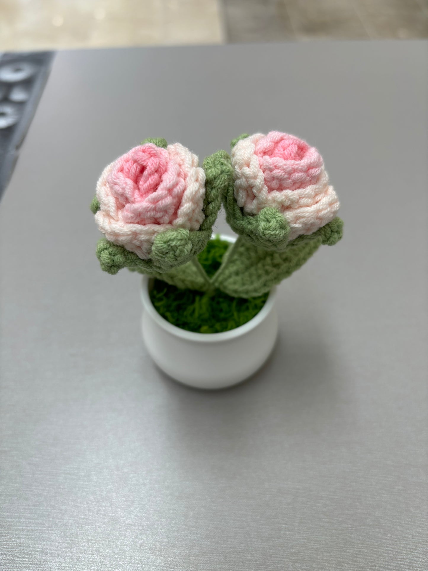 Decorative Crocheted Pink Roses - Handcrafted Faux Plant in White Pot