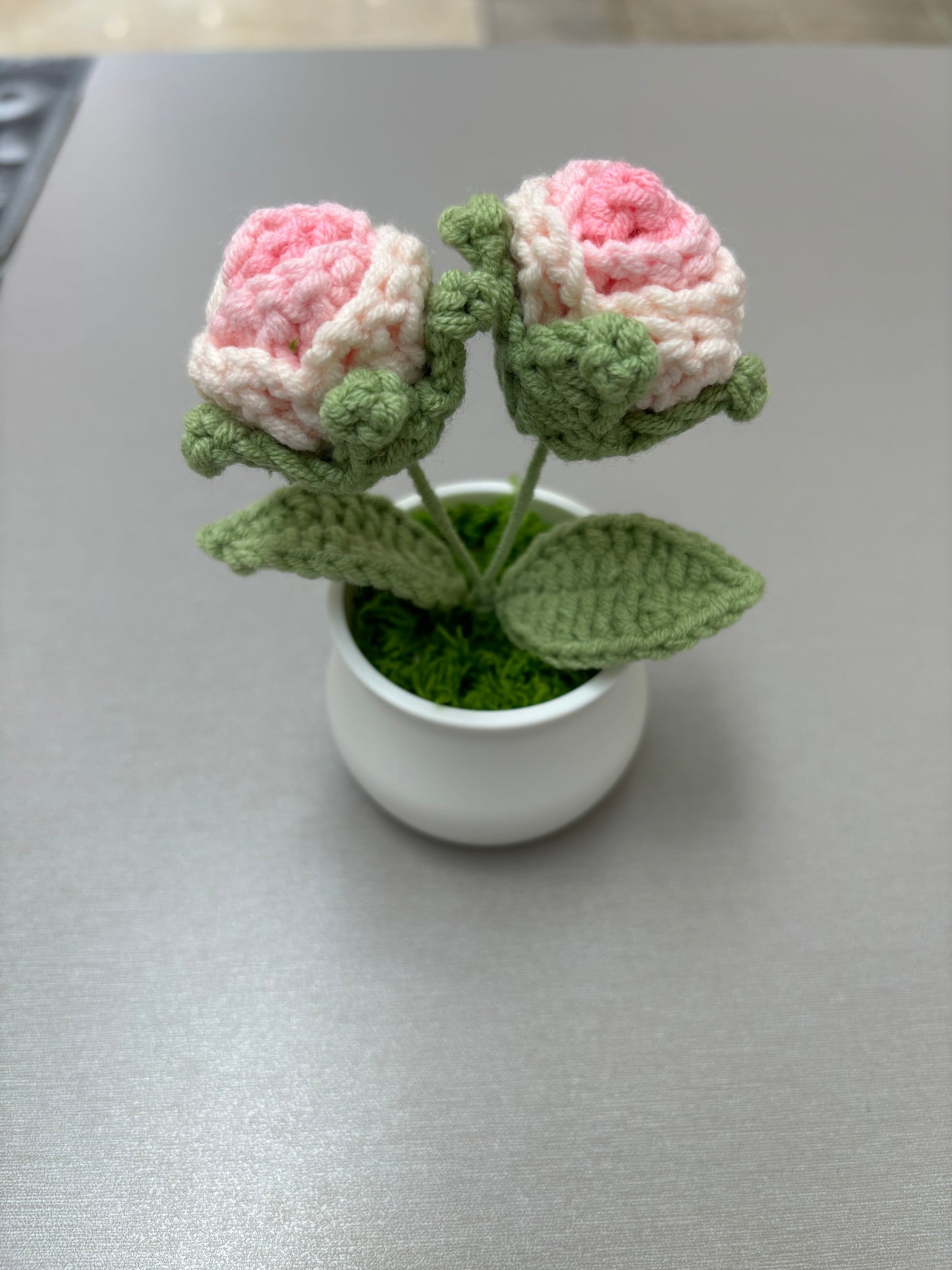 Decorative Crocheted Pink Roses - Handcrafted Faux Plant in White Pot