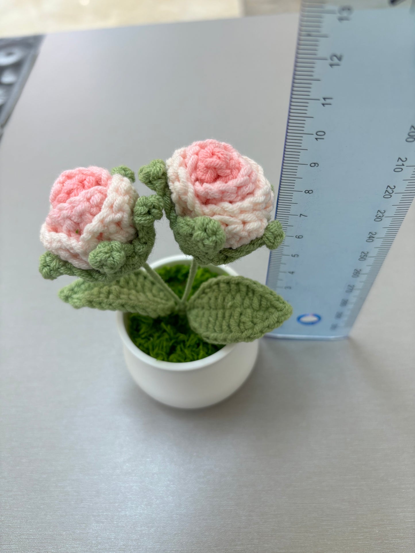 Decorative Crocheted Pink Roses - Handcrafted Faux Plant in White Pot