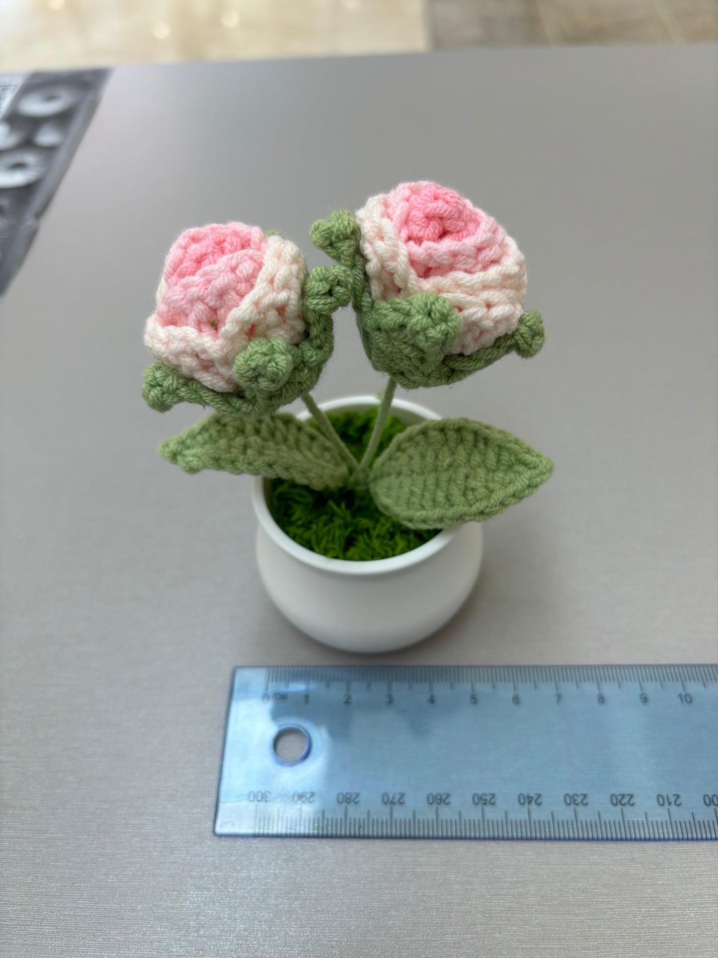 Decorative Crocheted Pink Roses - Handcrafted Faux Plant in White Pot
