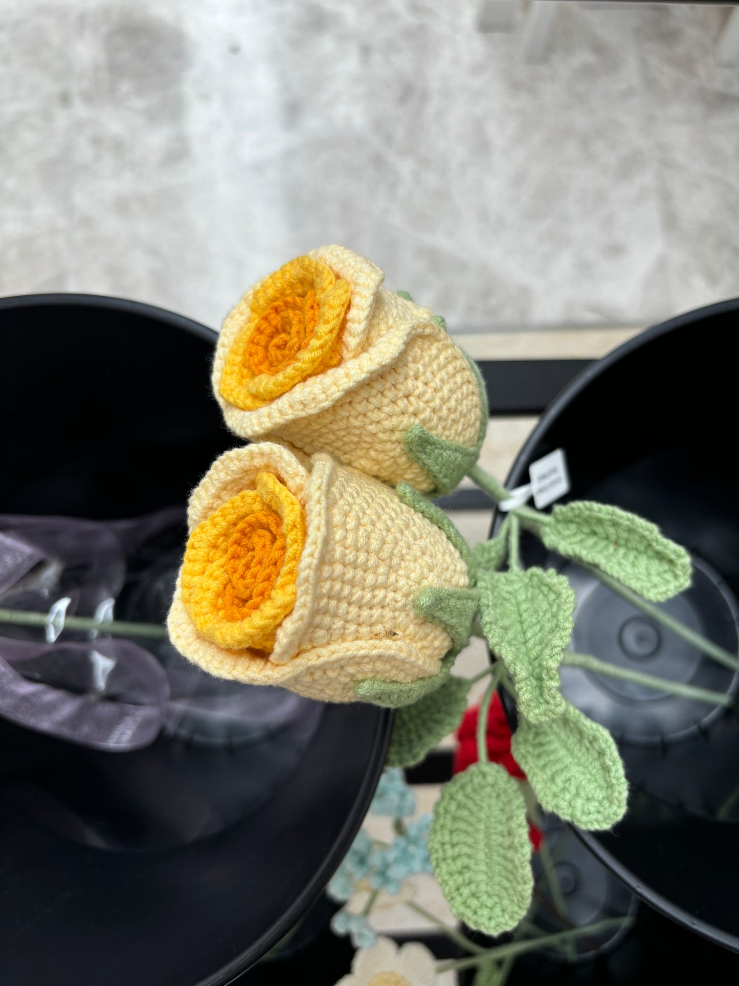 Hand-Crocheted Long-Stem Yellow Rose