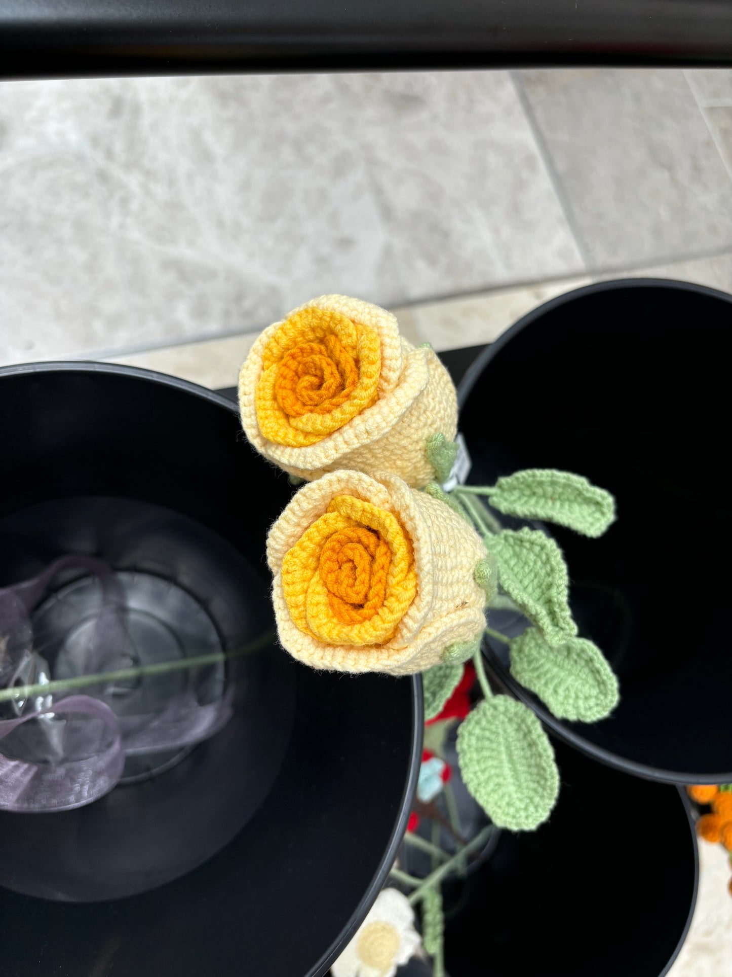 Hand-Crocheted Long-Stem Yellow Rose