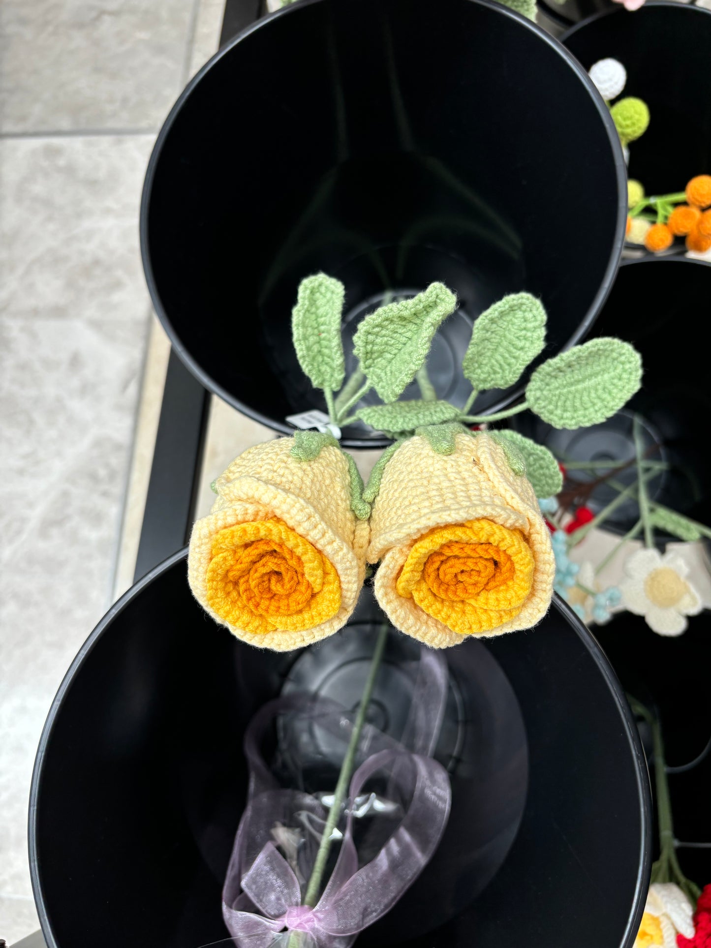 Hand-Crocheted Long-Stem Yellow Rose