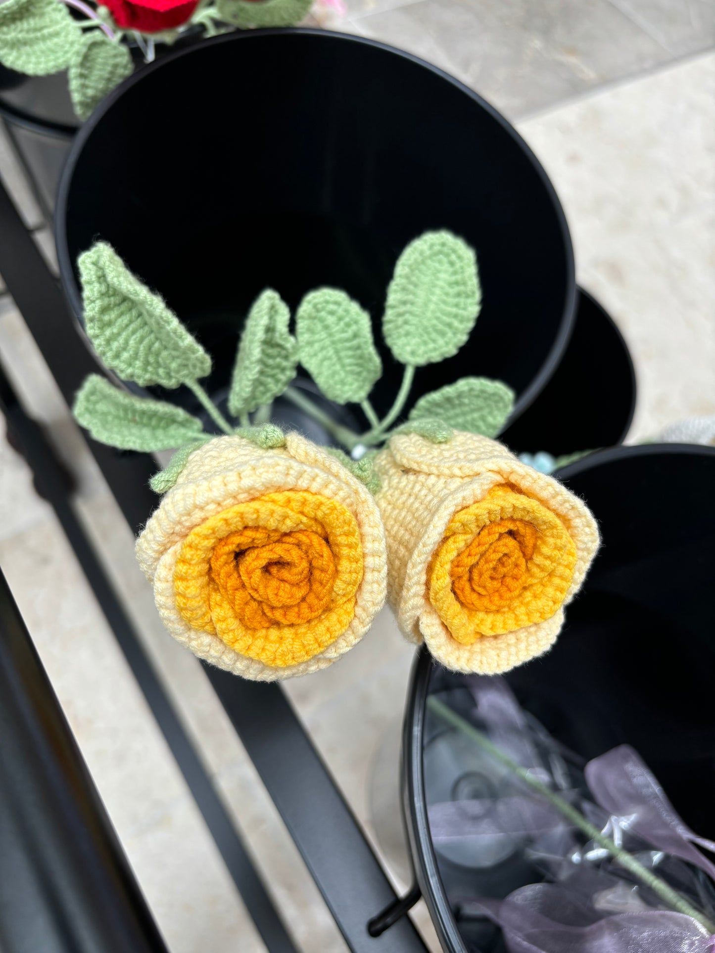 Hand-Crocheted Long-Stem Yellow Rose