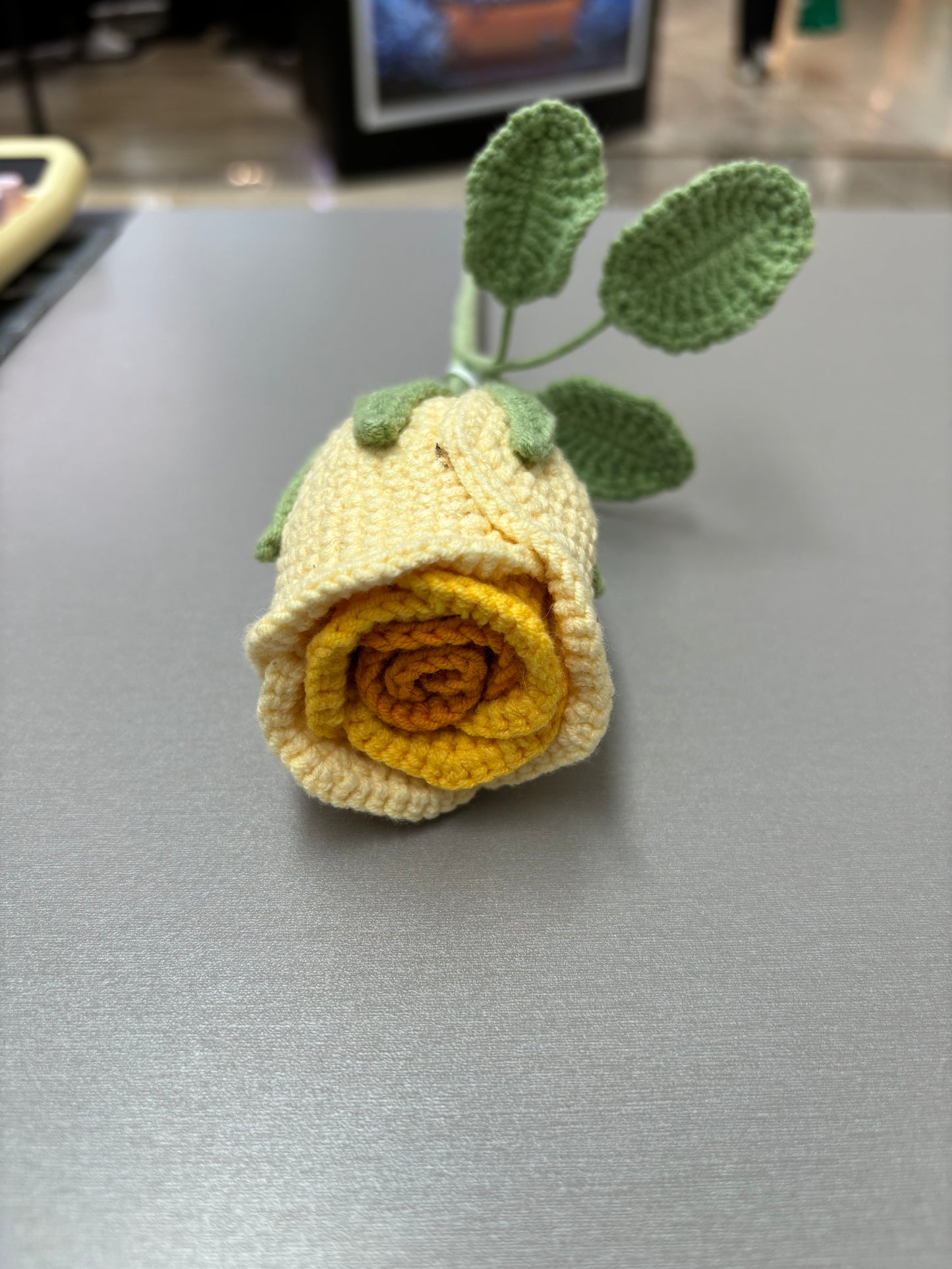 Hand-Crocheted Long-Stem Yellow Rose