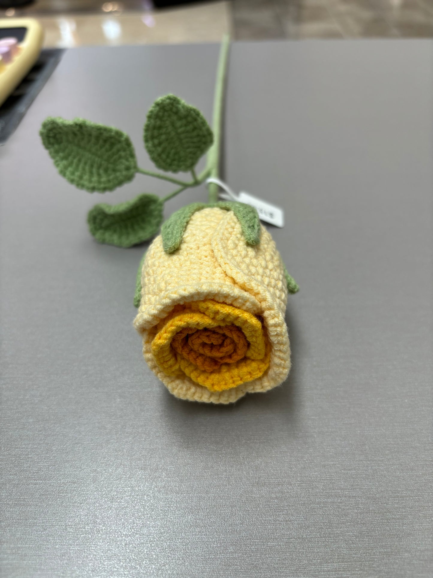 Hand-Crocheted Long-Stem Yellow Rose