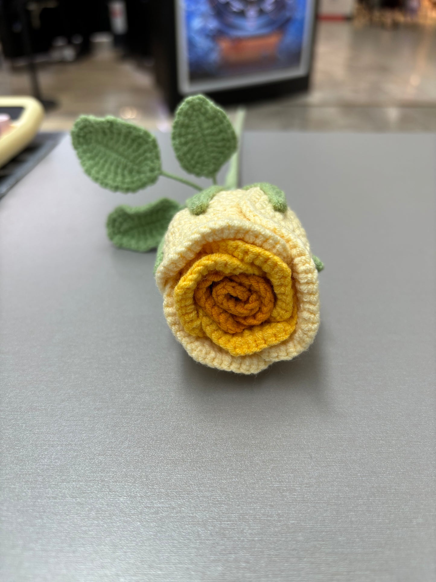 Hand-Crocheted Long-Stem Yellow Rose