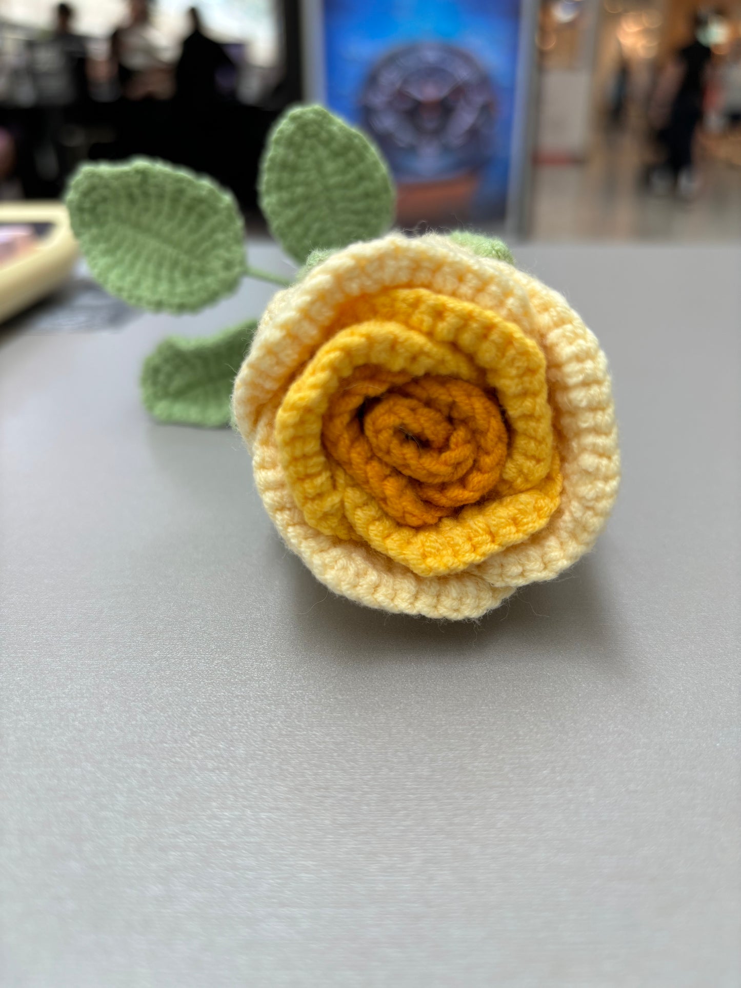 Hand-Crocheted Long-Stem Yellow Rose