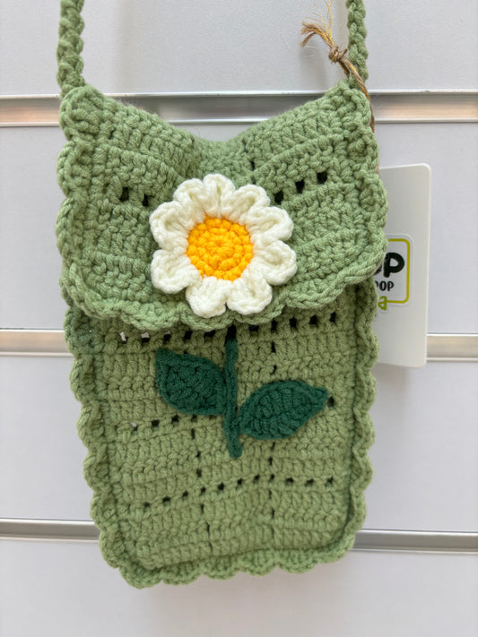 Hand-Crocheted Green Daisy Crossbody Bag - Shoulder Purse