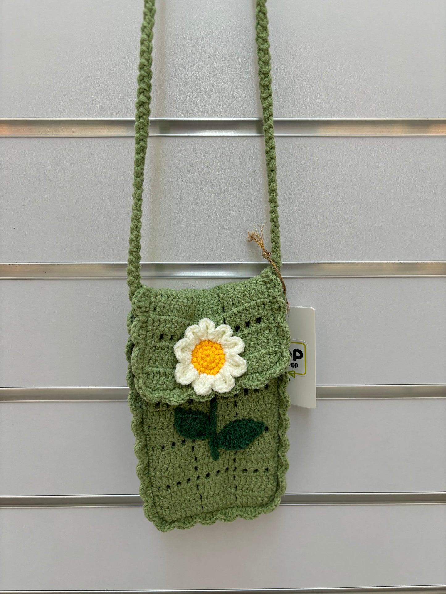 Hand-Crocheted Green Daisy Crossbody Bag - Shoulder Purse