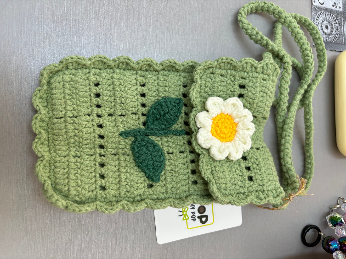 Hand-Crocheted Green Daisy Crossbody Bag - Shoulder Purse