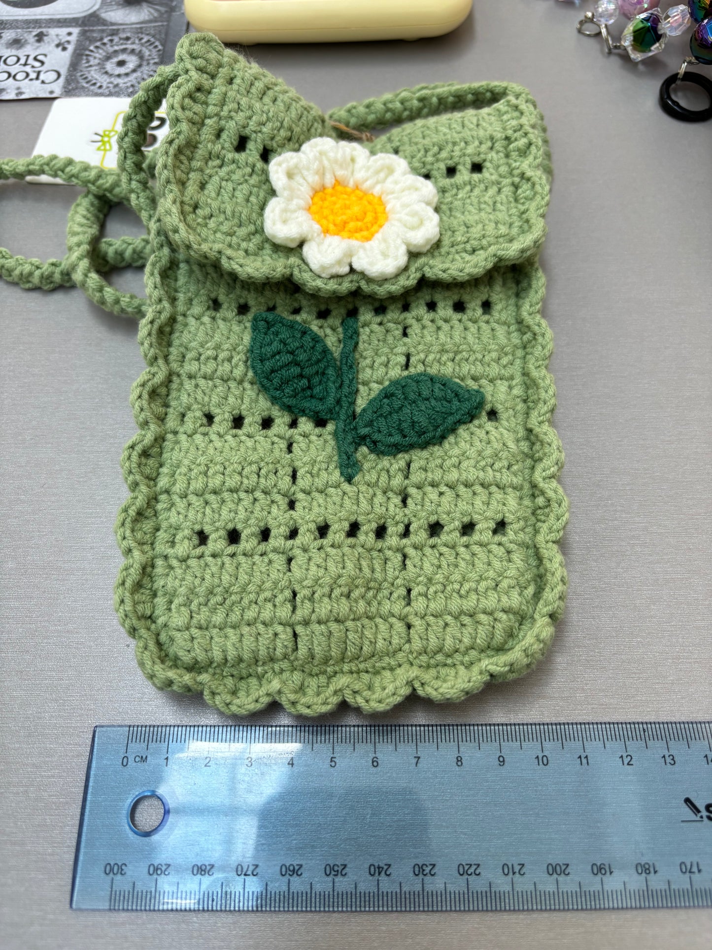 Hand-Crocheted Green Daisy Crossbody Bag - Shoulder Purse