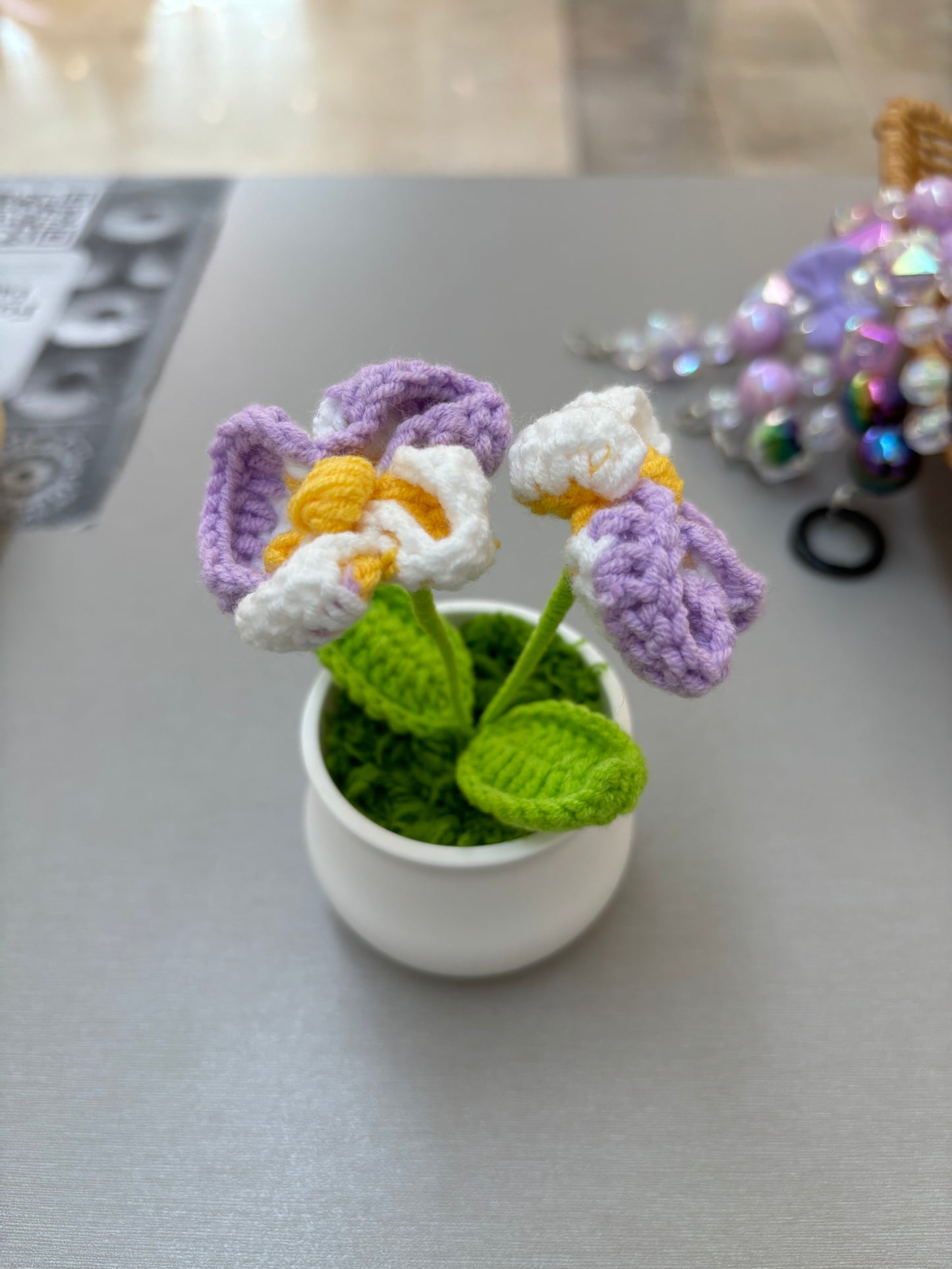 Hand-Crocheted Purple and White Orchid in White Pot