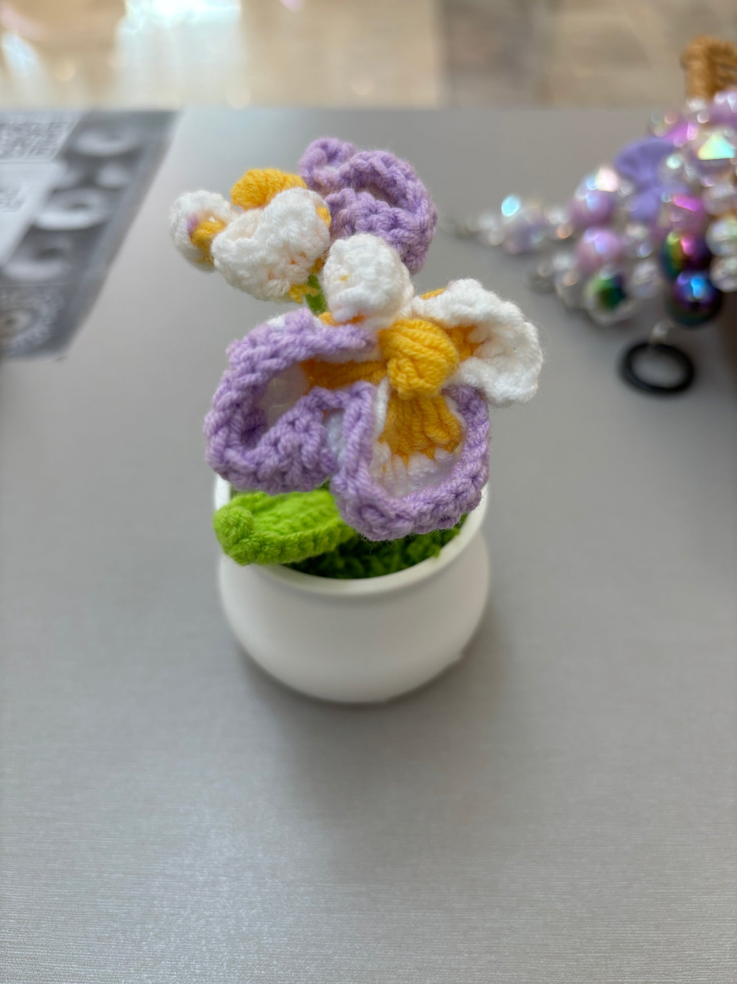 Hand-Crocheted Purple and White Orchid in White Pot
