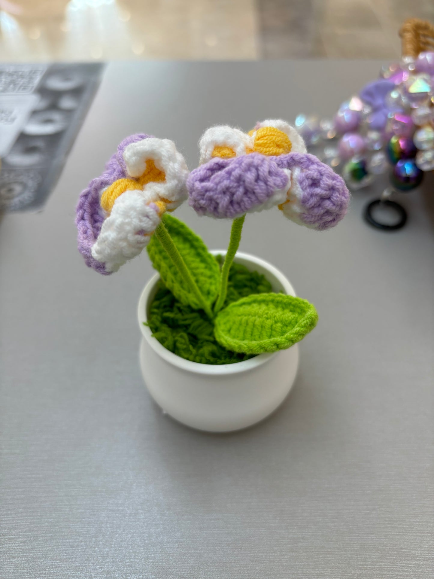 Hand-Crocheted Purple and White Orchid in White Pot
