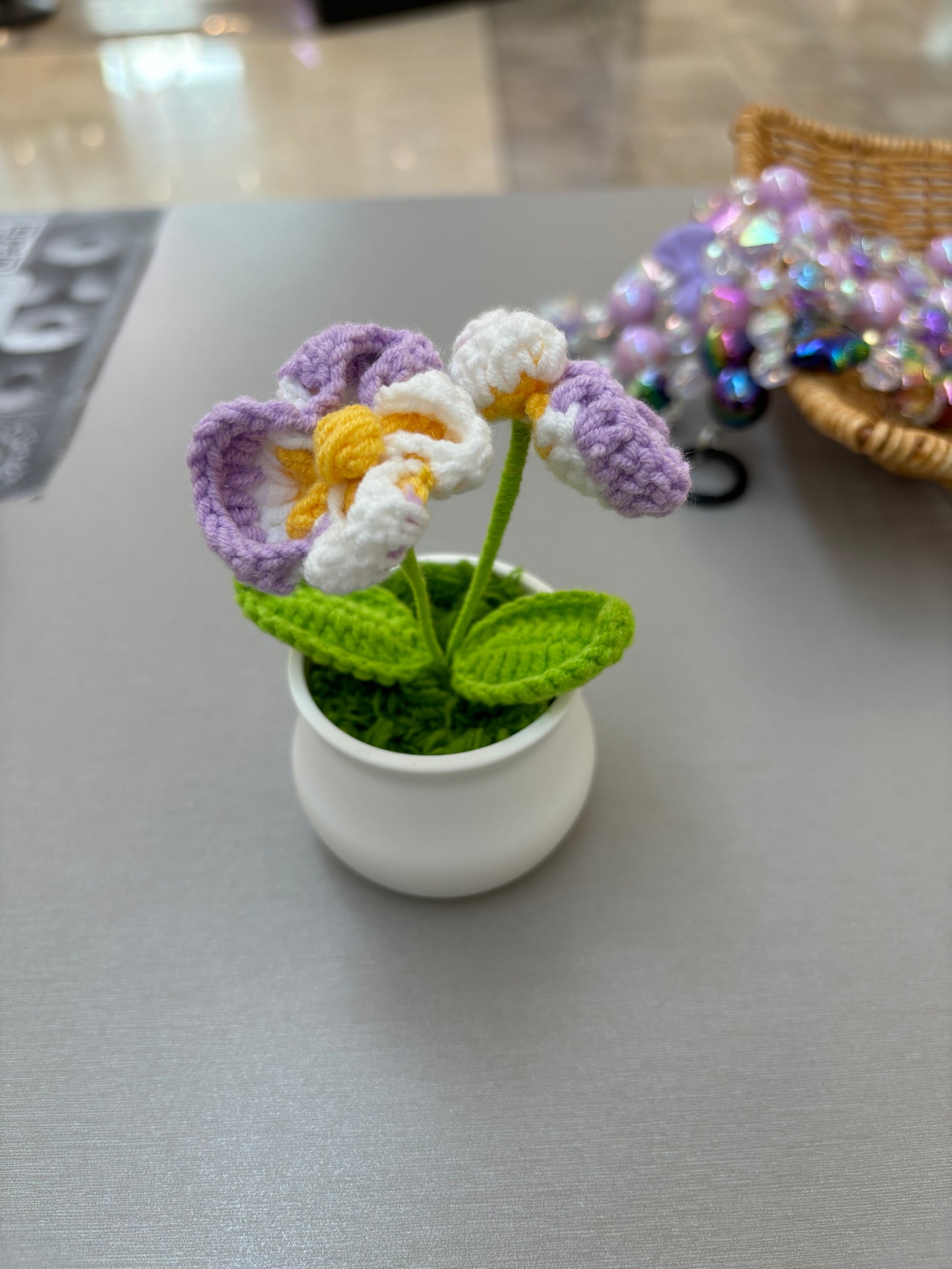 Hand-Crocheted Purple and White Orchid in White Pot