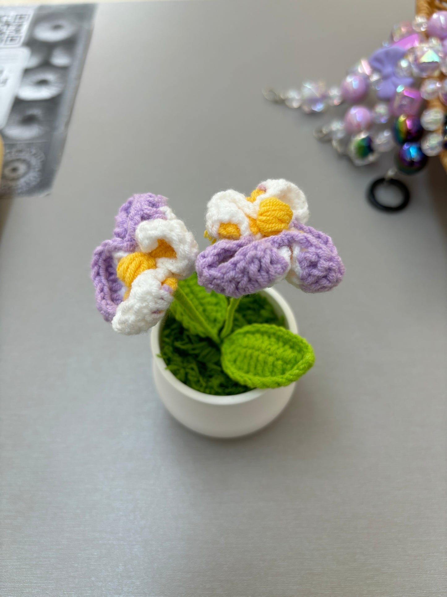 Hand-Crocheted Purple and White Orchid in White Pot