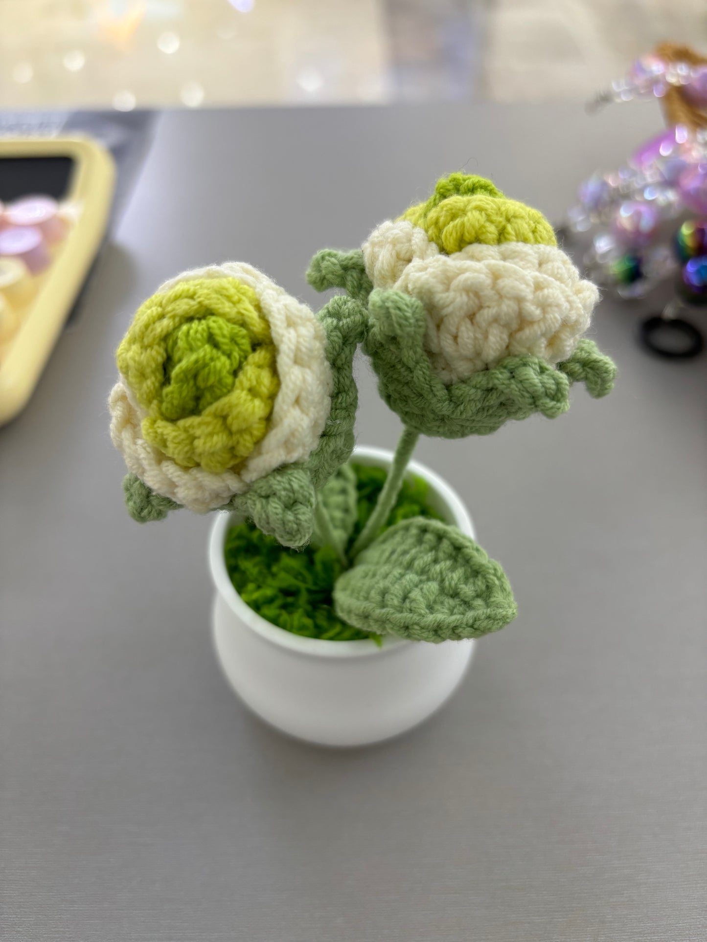 Hand-Crocheted Green and White Rosebuds in White Pot