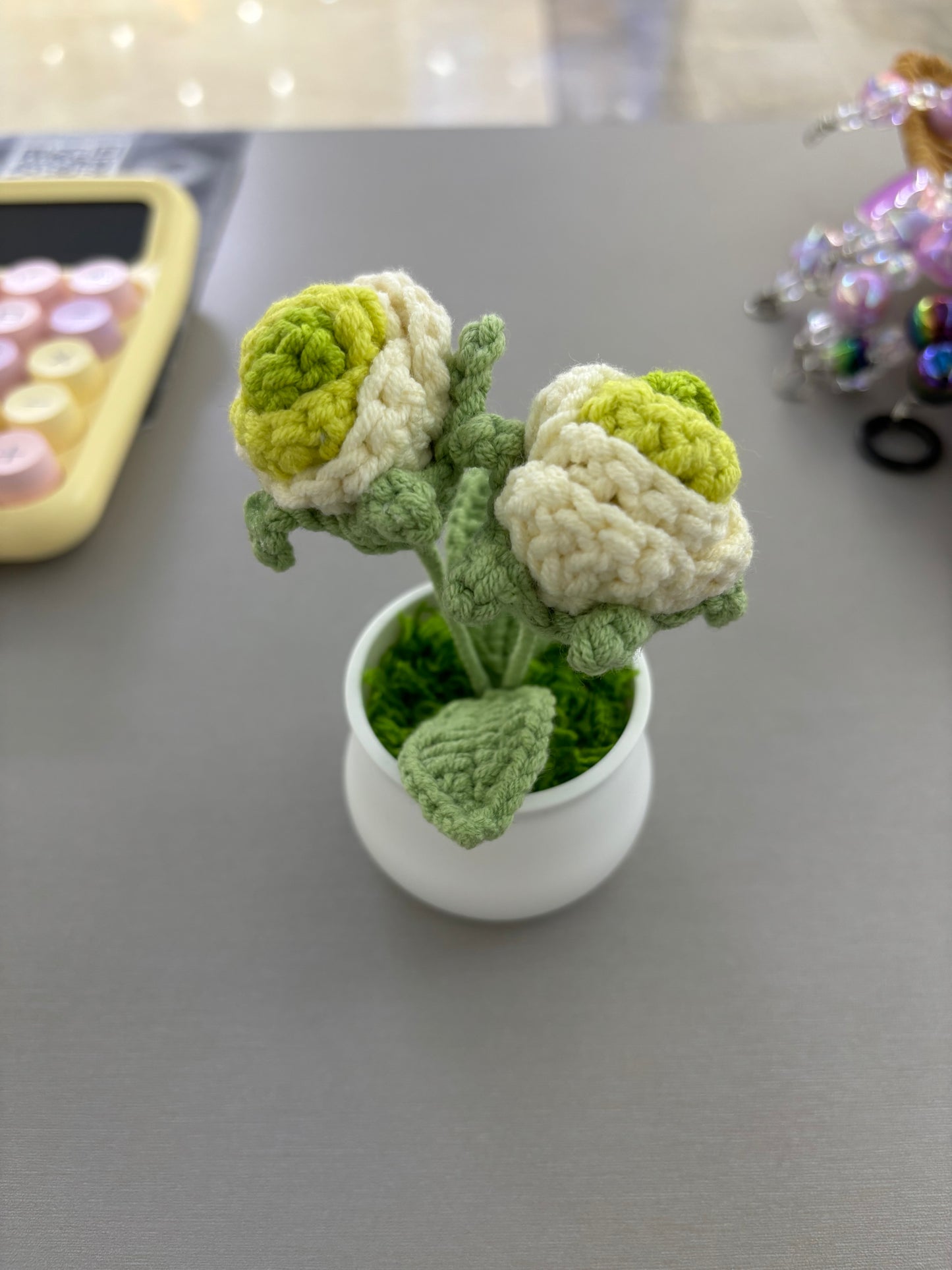 Hand-Crocheted Green and White Rosebuds in White Pot