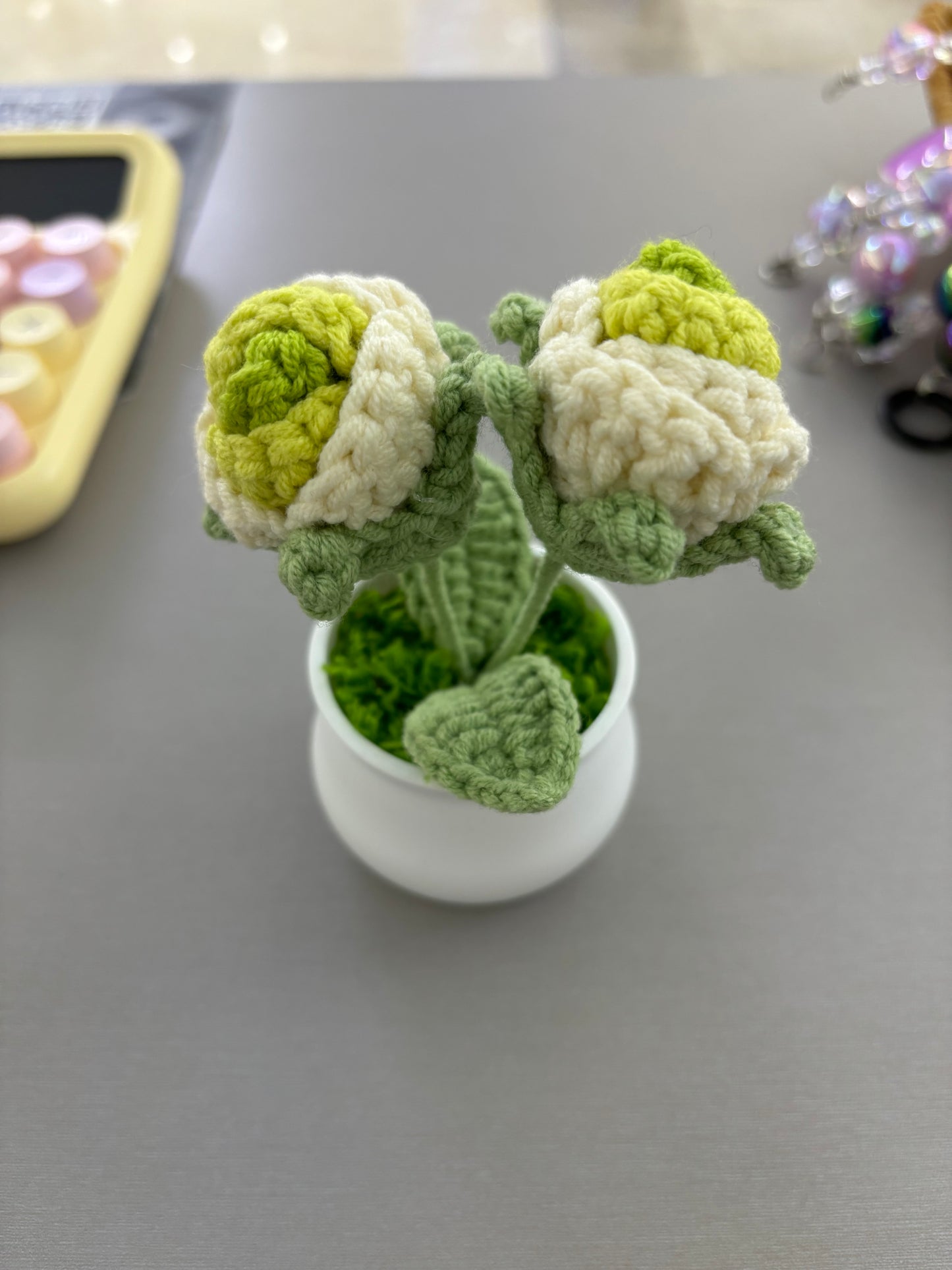 Hand-Crocheted Green and White Rosebuds in White Pot