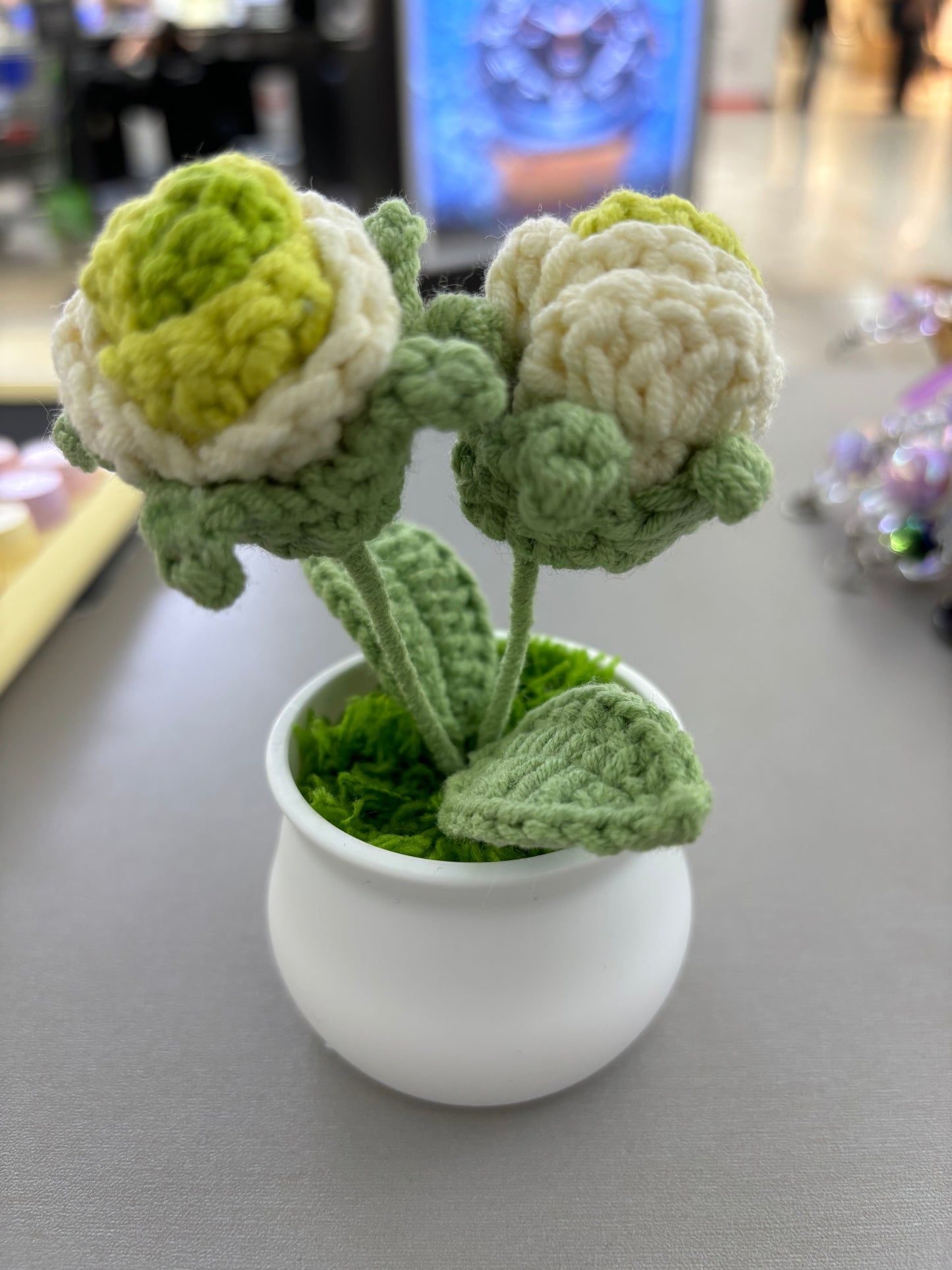 Hand-Crocheted Green and White Rosebuds in White Pot
