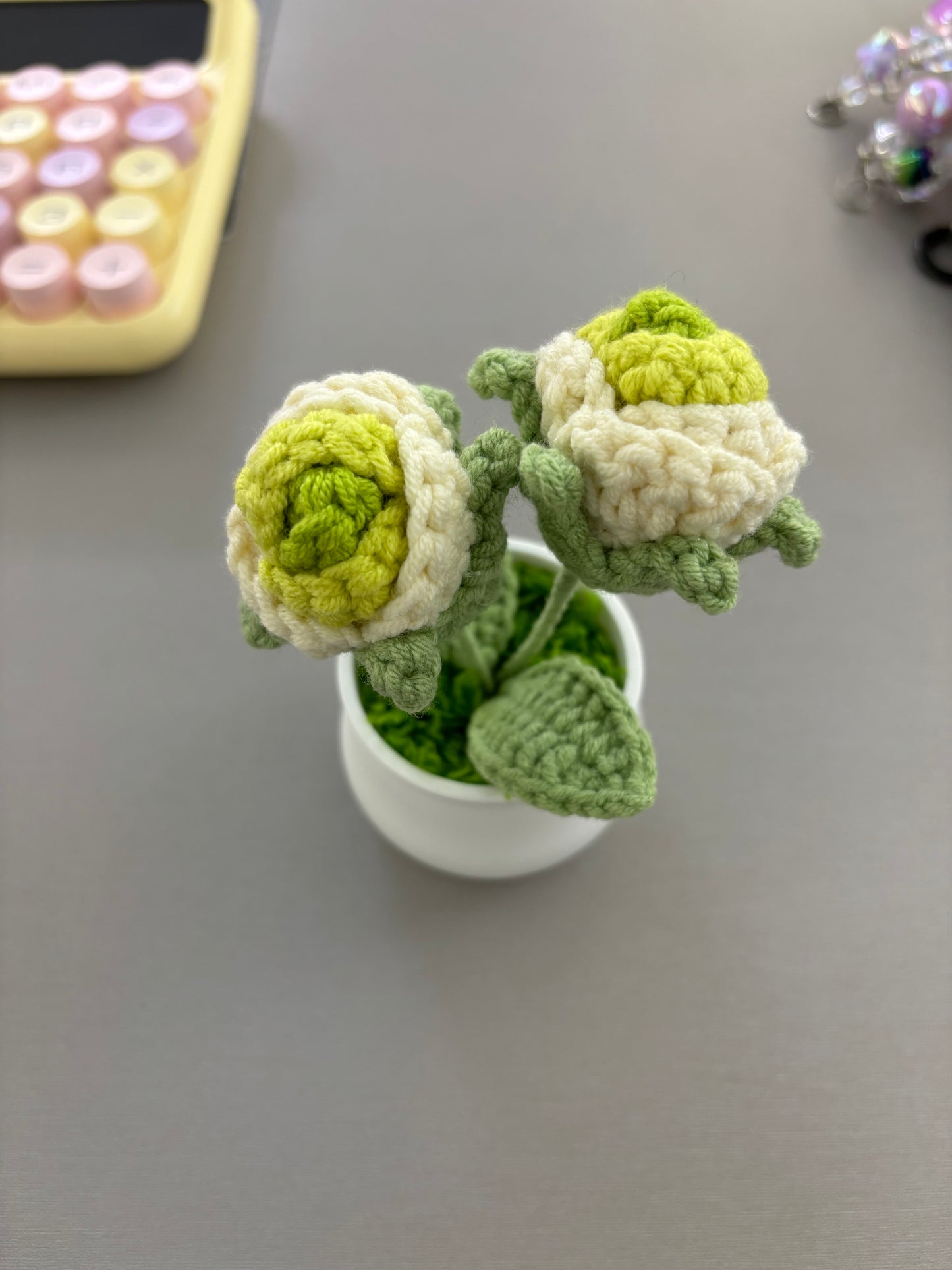 Hand-Crocheted Green and White Rosebuds in White Pot