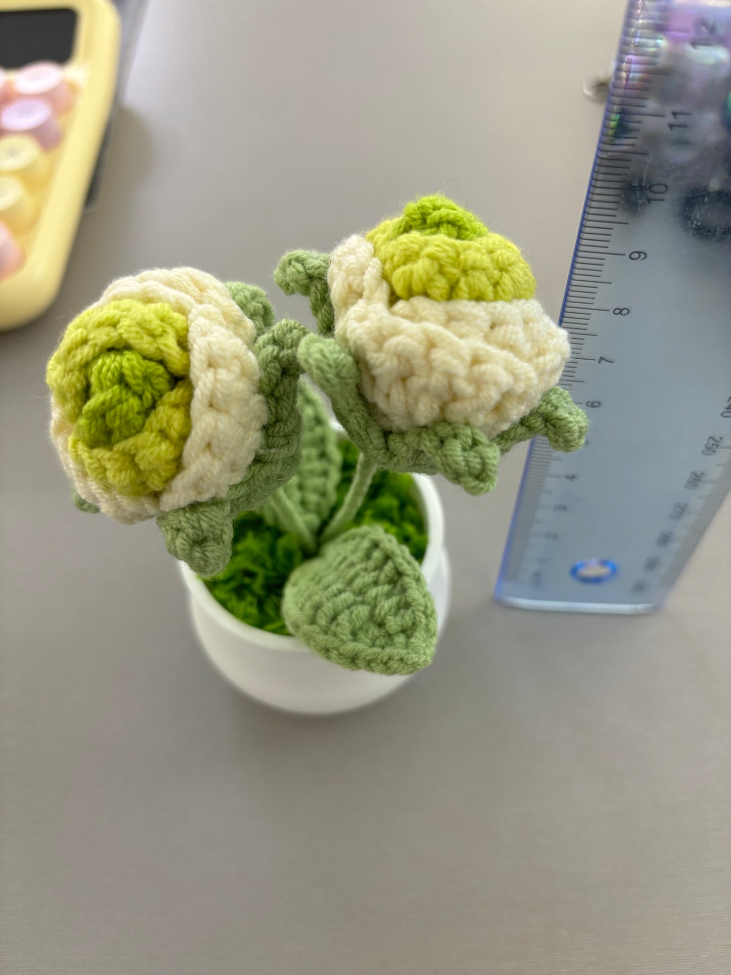 Hand-Crocheted Green and White Rosebuds in White Pot