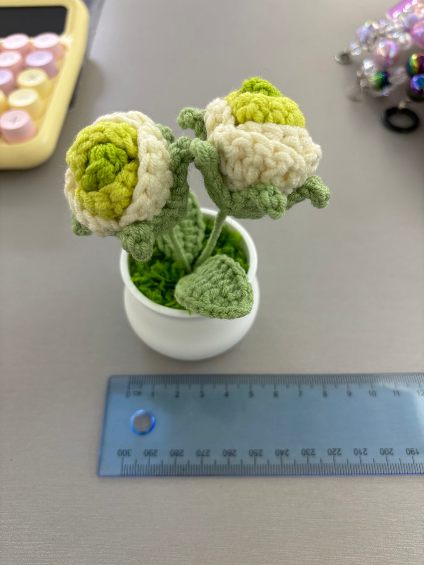 Hand-Crocheted Green and White Rosebuds in White Pot