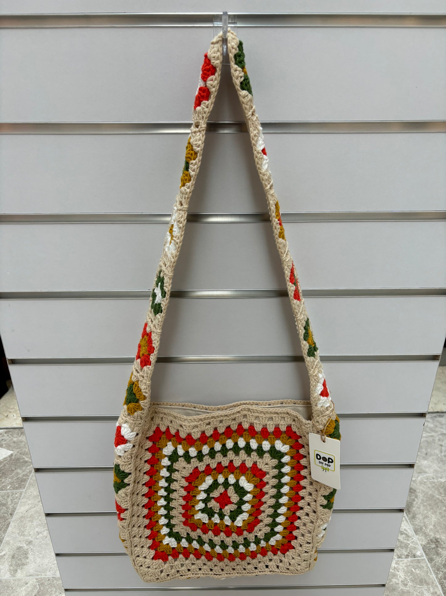 Handmade Crochet Granny Square Shoulder Bag with Lining - Colorful Retro Design