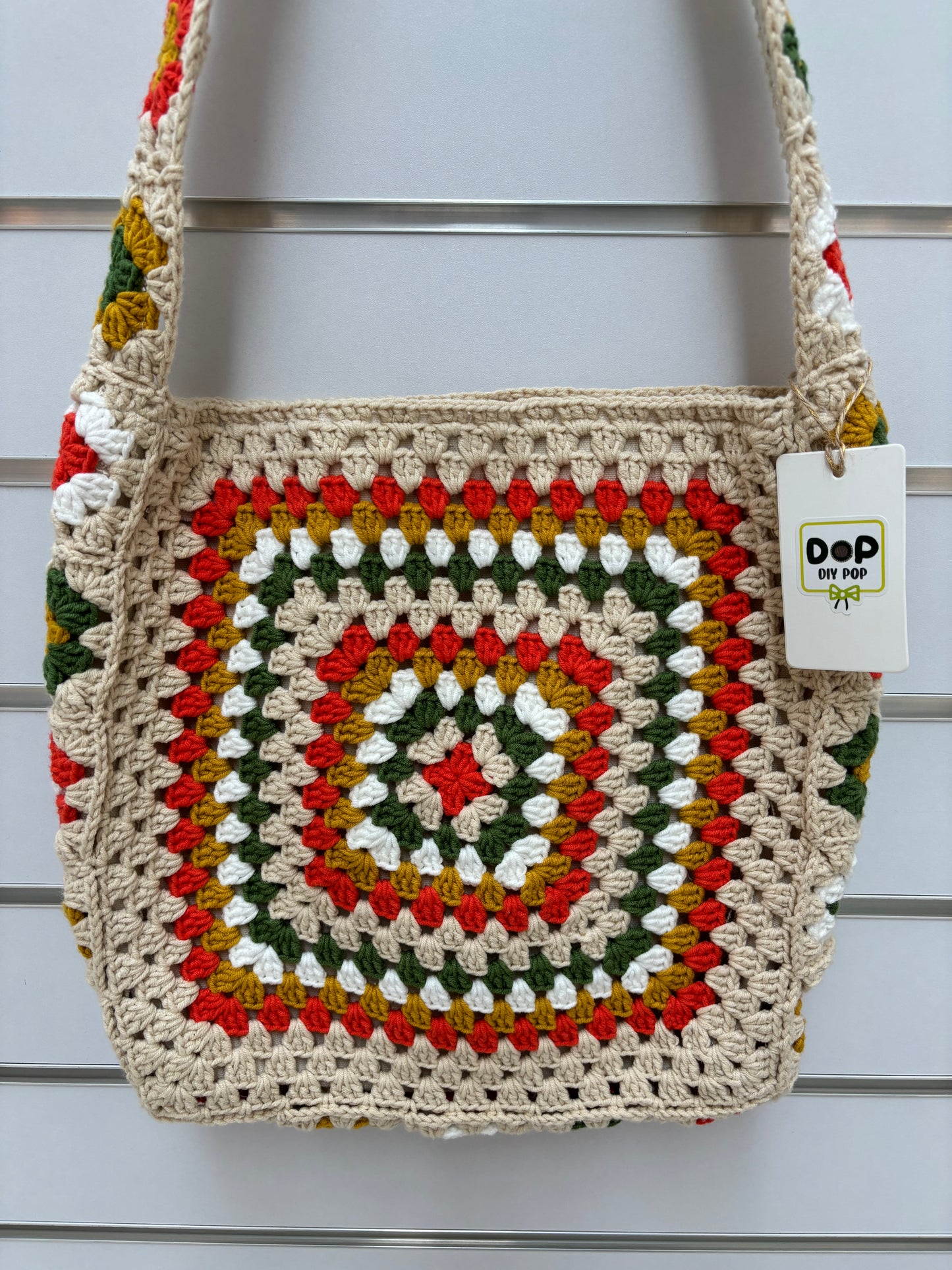 Handmade Crochet Granny Square Shoulder Bag with Lining - Colorful Retro Design
