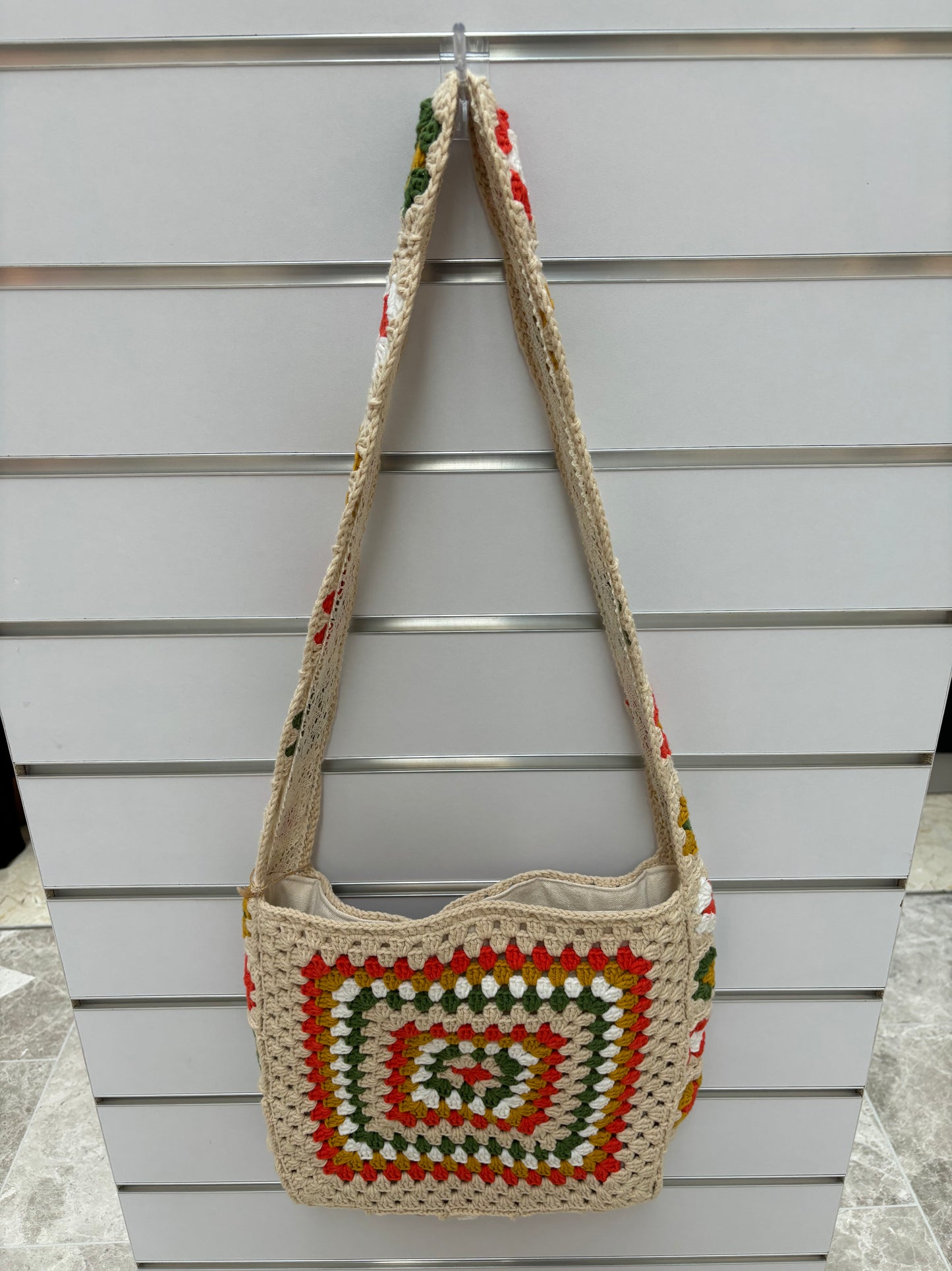 Handmade Crochet Granny Square Shoulder Bag with Lining - Colorful Retro Design